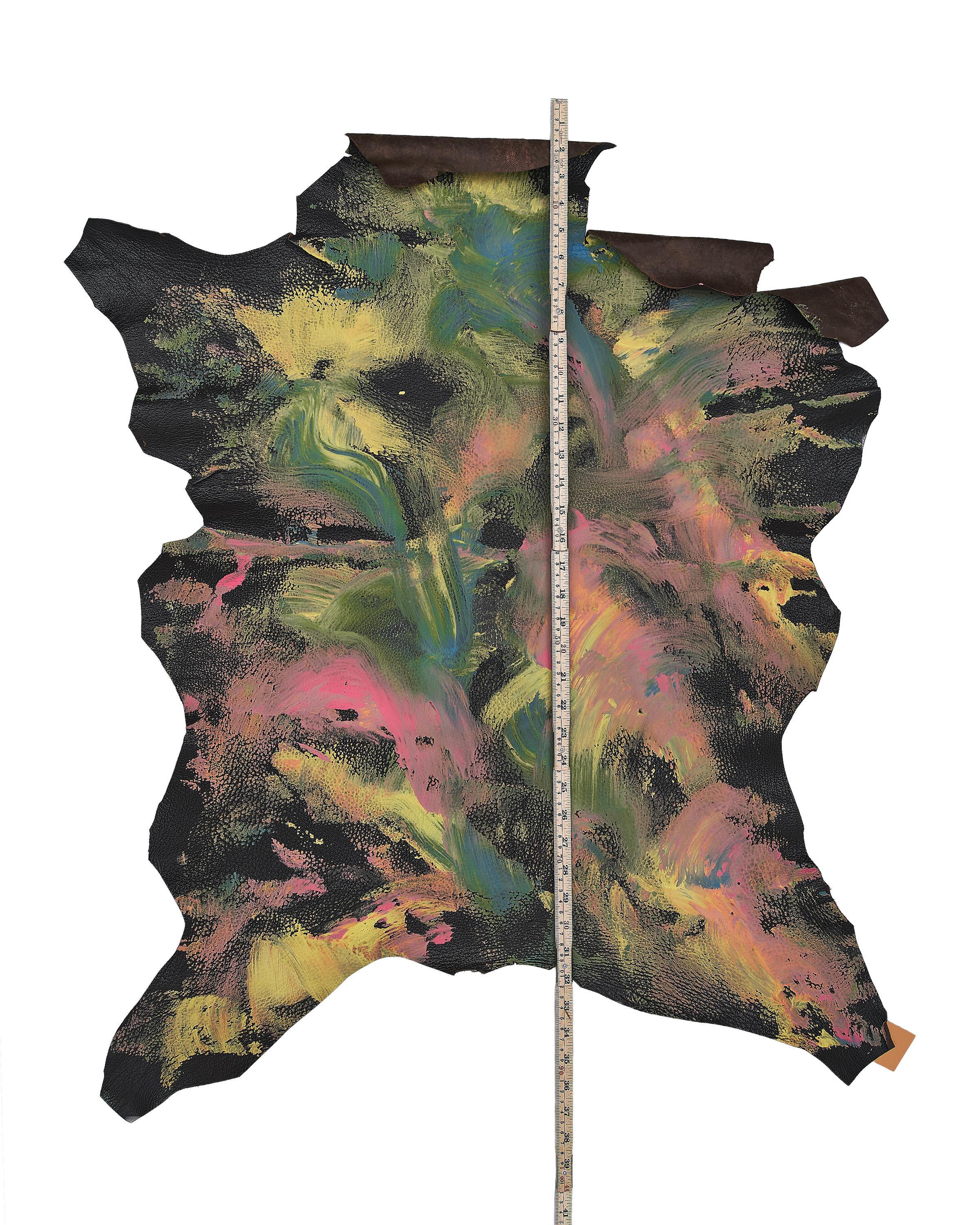 Black Hand Painted Leather Hide, Pebbled Abstract Artistic Skin, Multicolor HAND-PAINTED leather skin B18193-dm La Garzarara