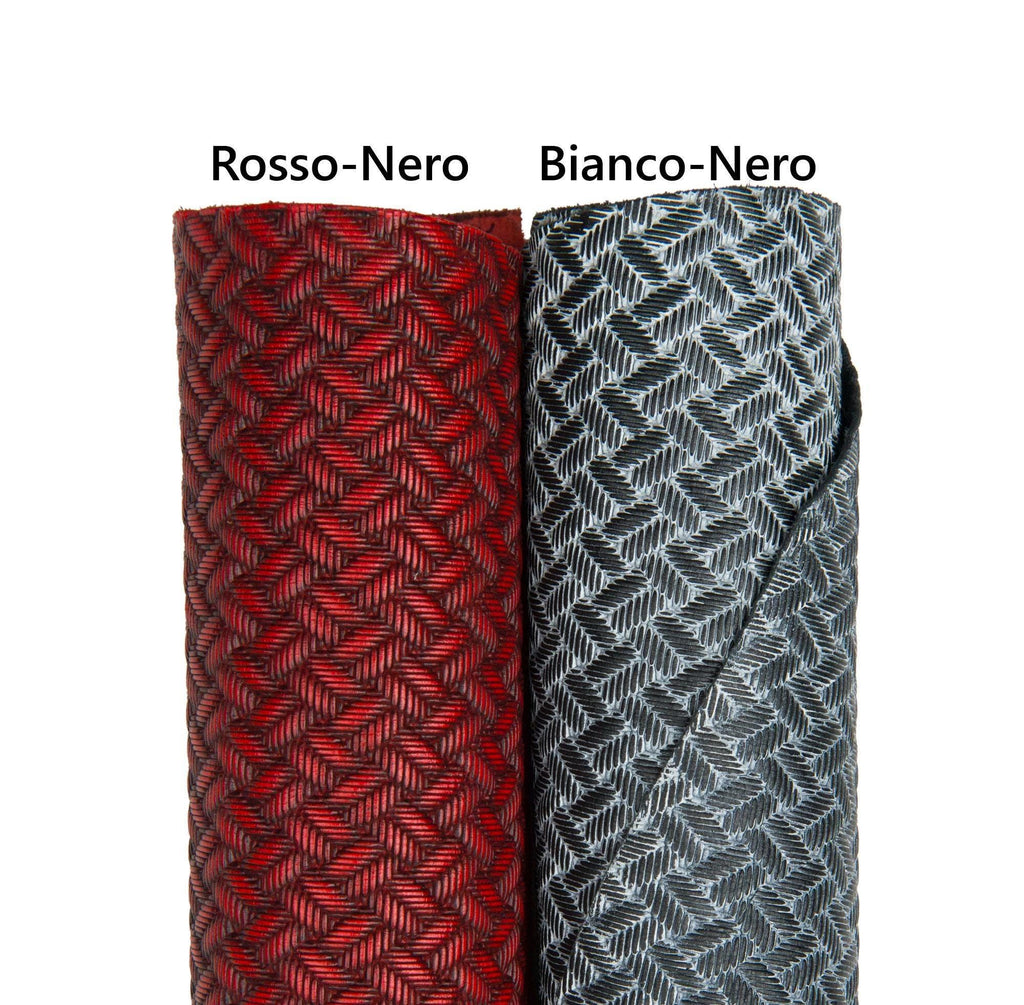 Basket weave embossed leather hide, woven effect geometric red black white black skin, leather for bags craft B18015-ST La Garzarara