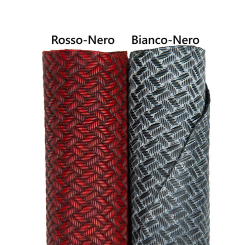 Basket weave embossed leather hide, woven effect geometric red black white black skin, leather for bags craft B18015-ST La Garzarara
