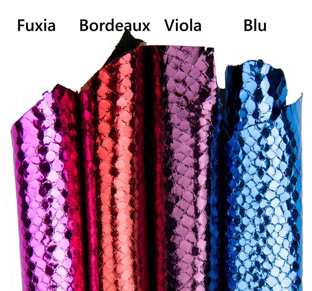 PYTHON printed leather skin, blue, fuchsia, burgundy, purple METALLIC goatskin hide for hobbyists B18029-MT(st) La Garzarara