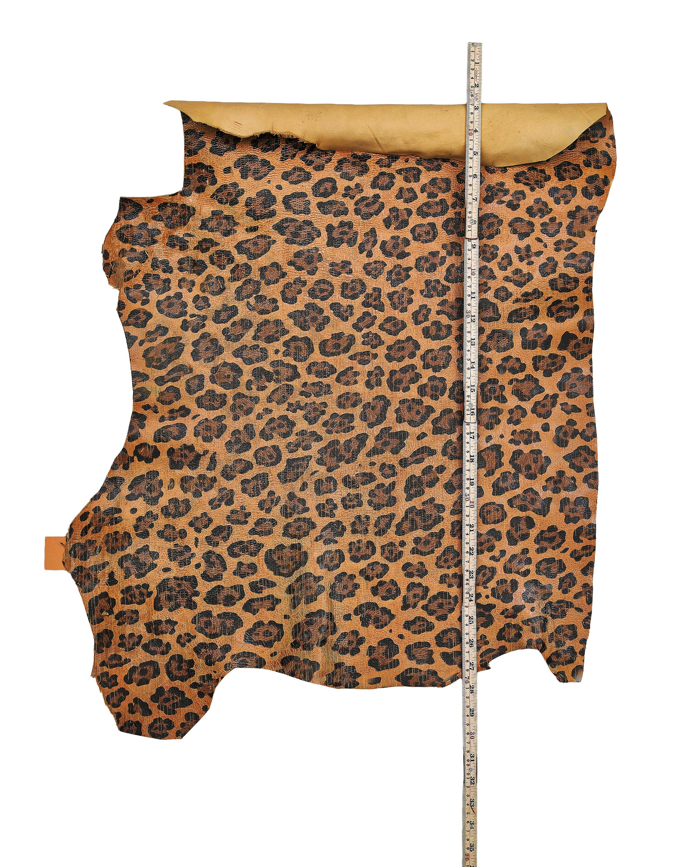 Tan and black LEOPARD textured leather skin, animal cheetah printed glossy goatskin, luxurious CARVED hide for hobbyists B18180-ST