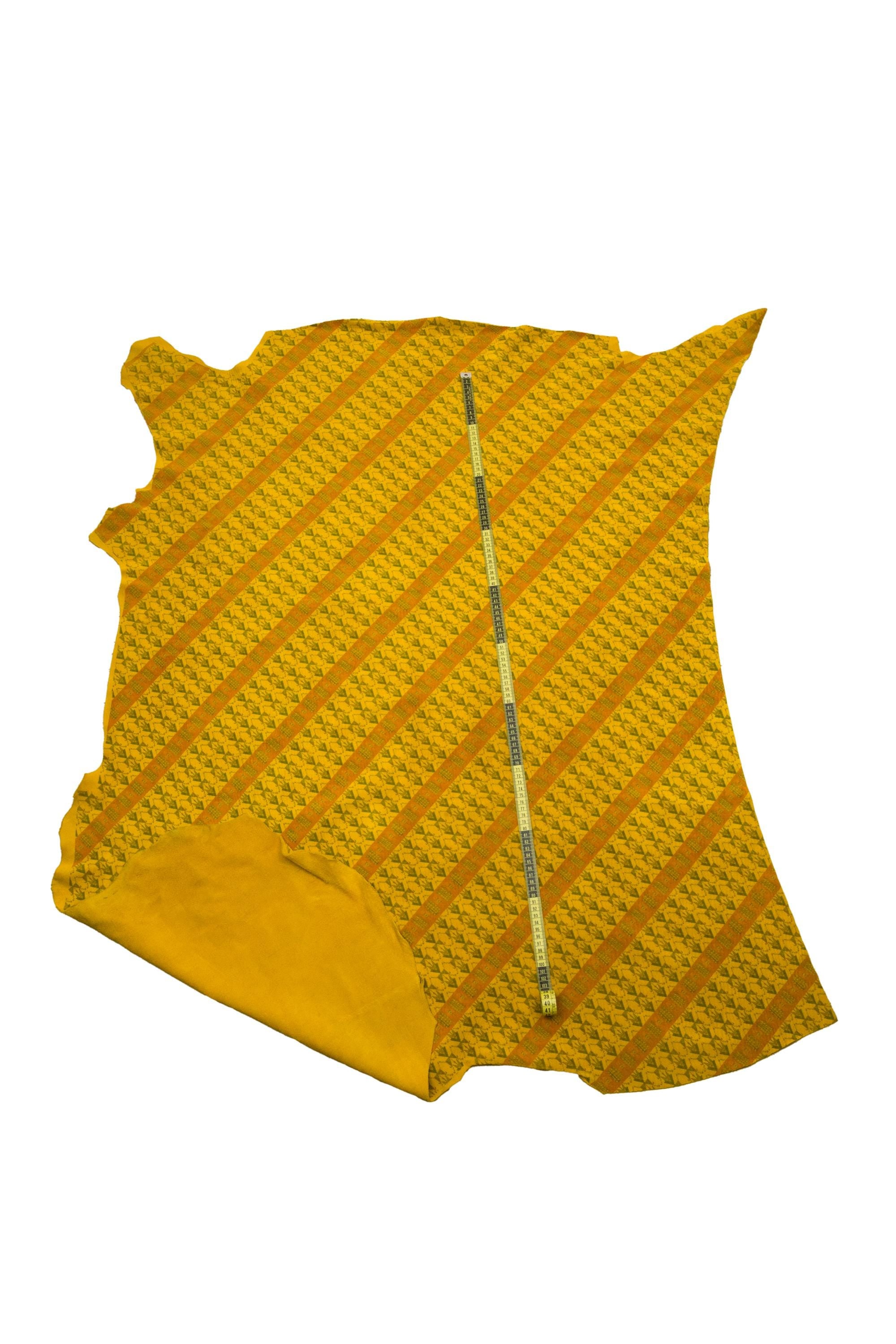 Yellow leather hide, mustard yellow, printed skin ethnic graphic pattern green, colorful geometric leather for bags B18058ST La Garzarara