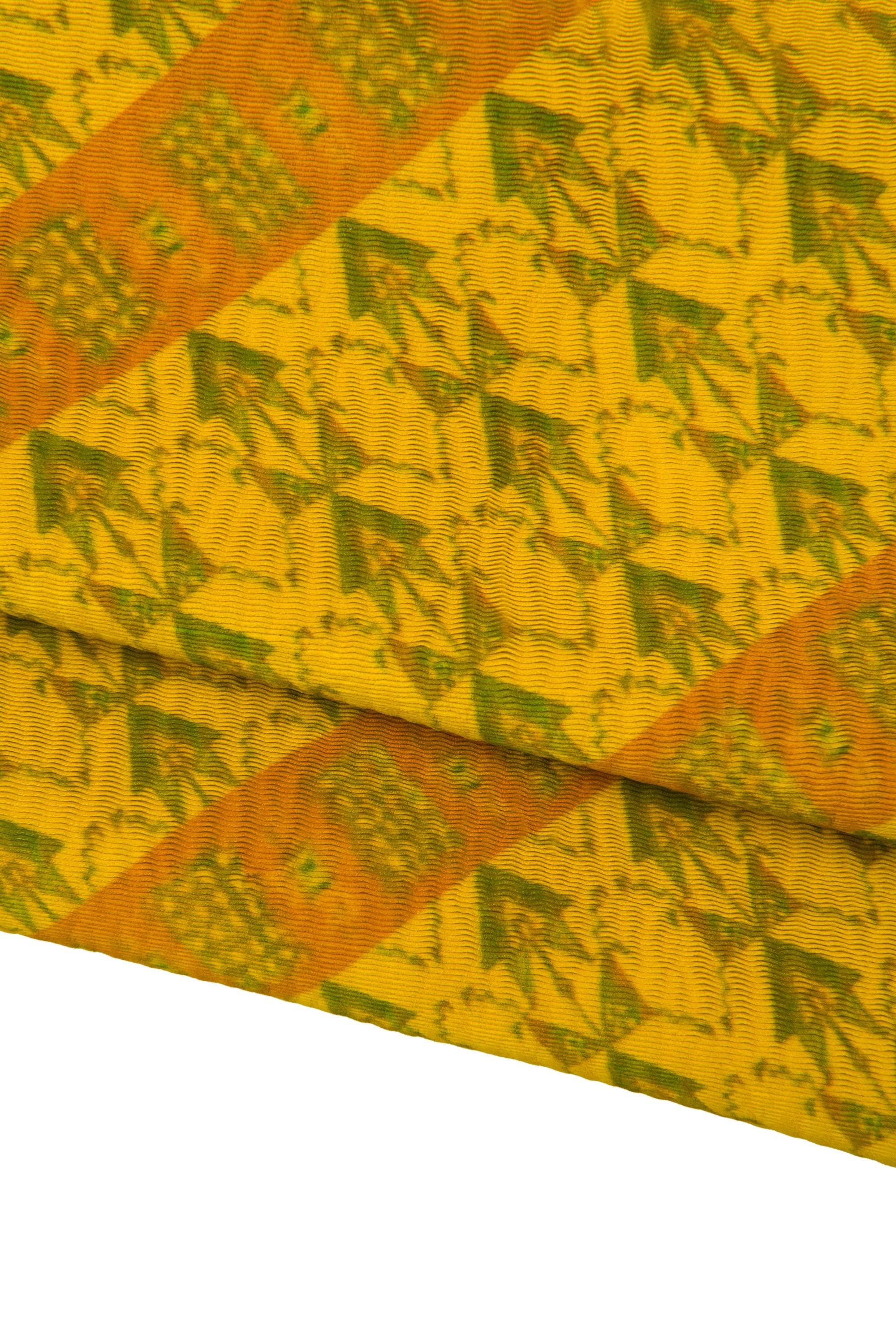Yellow leather hide, mustard yellow, printed skin ethnic graphic pattern green, colorful geometric leather for bags B18058ST La Garzarara