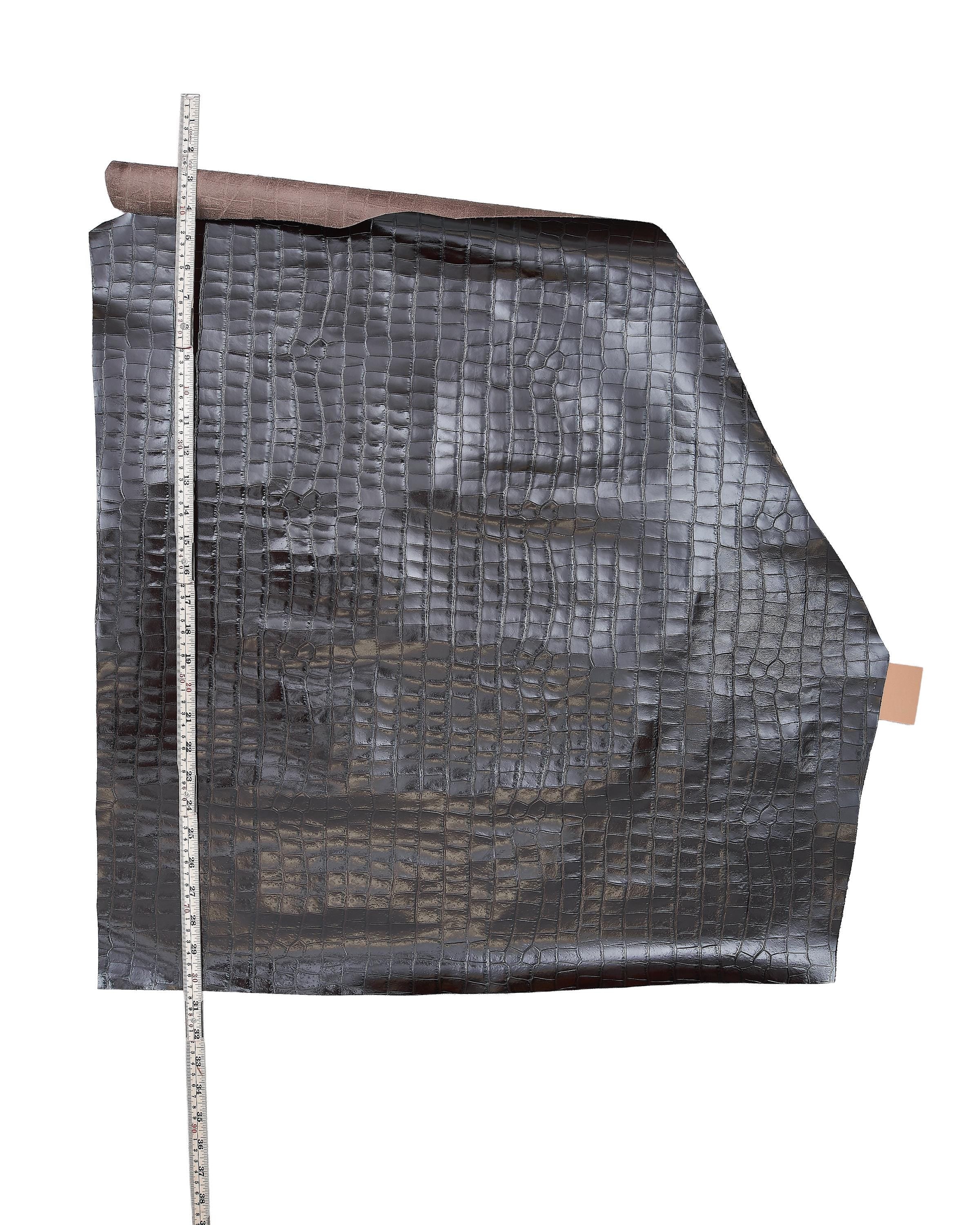 Dark brown CROCODILE embossed cowhide, GLOSSY soft leather hide, luxurious printed calfskin for crafting B18170-ST La Garzarara