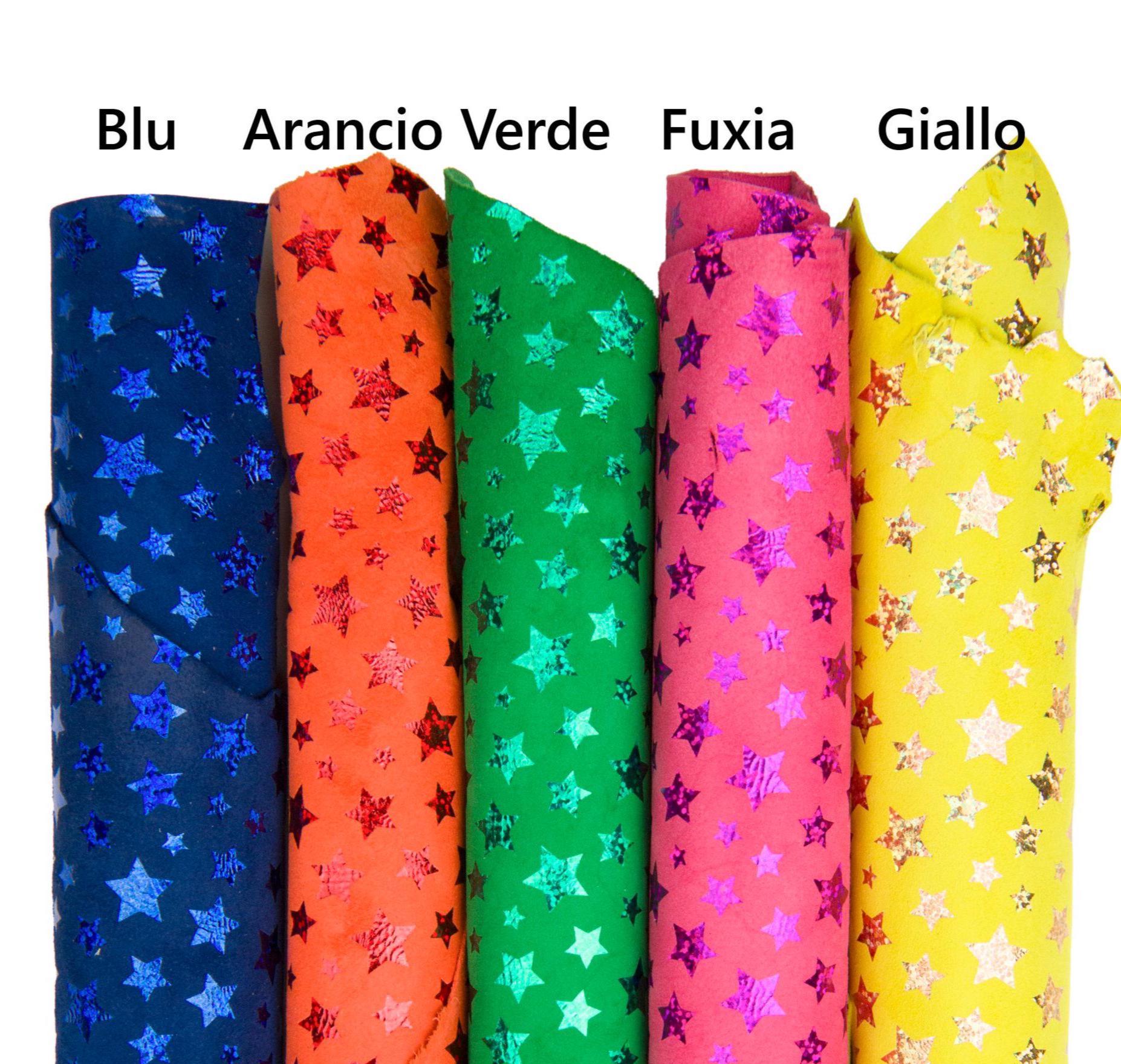 STAR printed leather skin, blue, orange, green, fuxia, yellow iridescent METALLIC suede goatskin B17803-MT(st) La Garzarara