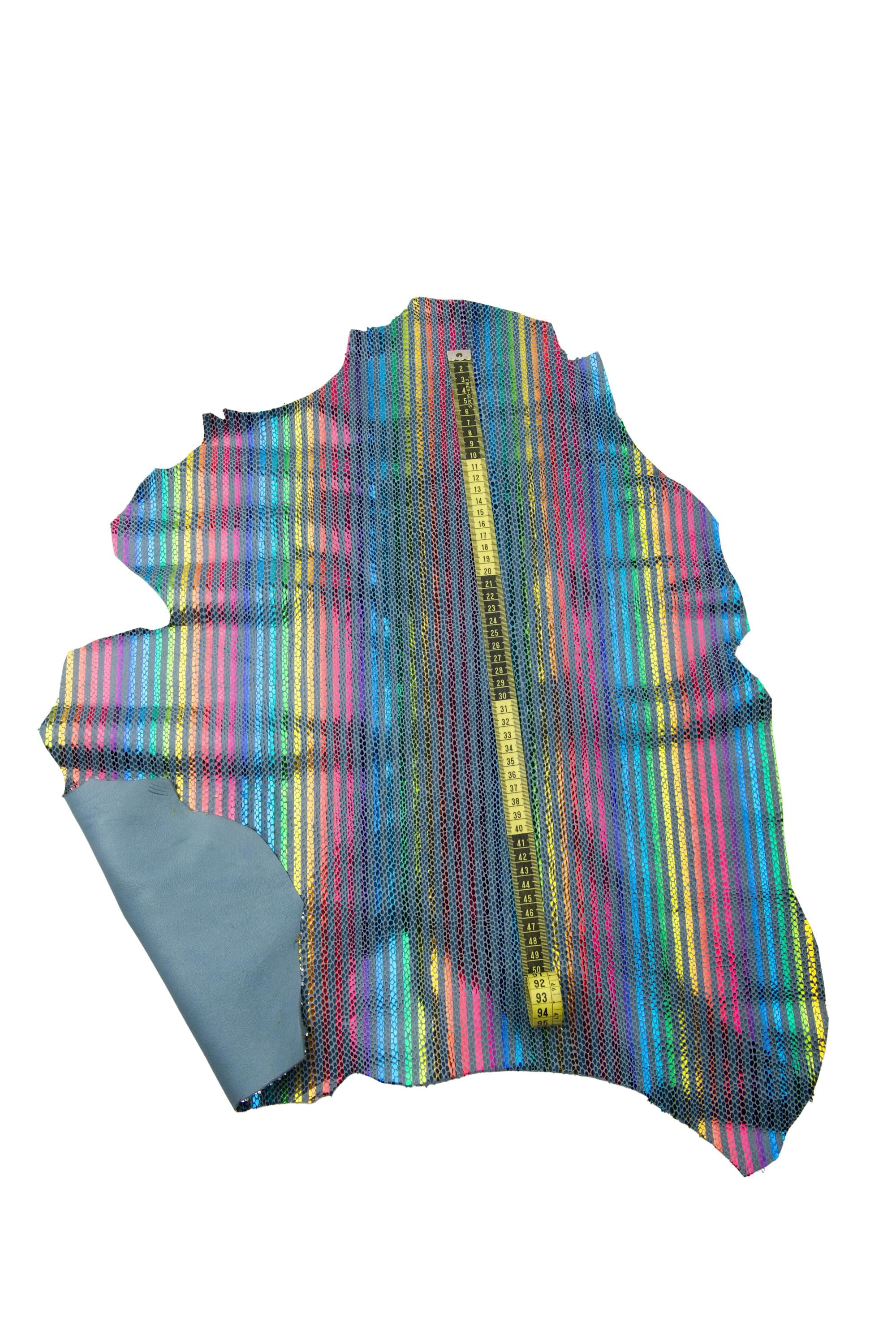 Multicolor STRIPED printed leather skin, dark grey snake textured on purple goatskin, RAINBOW textured hide B18437-MT(st) La Garzarara