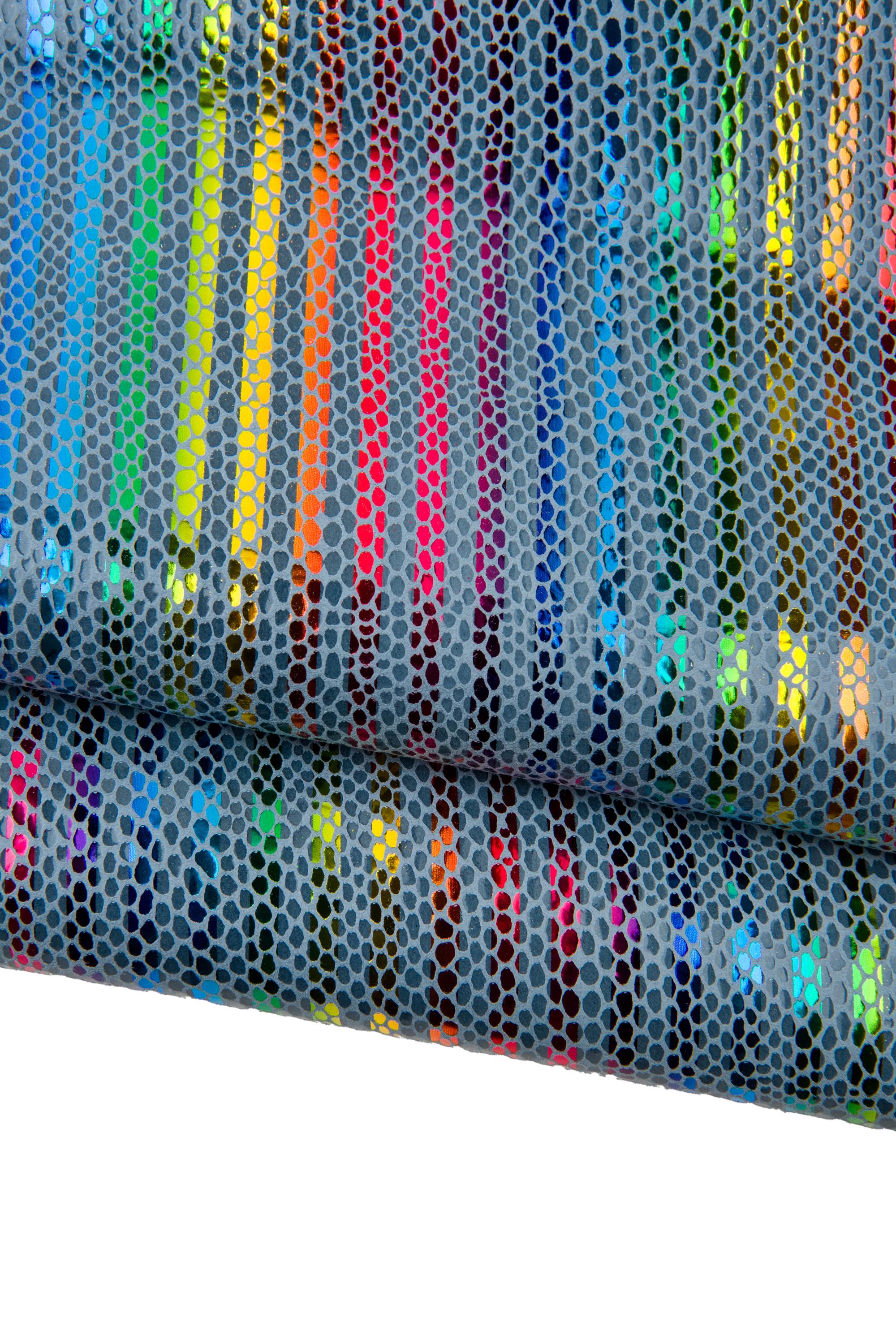 Multicolor STRIPED printed leather skin, dark grey snake textured on purple goatskin, RAINBOW textured hide B18437-MT(st) La Garzarara