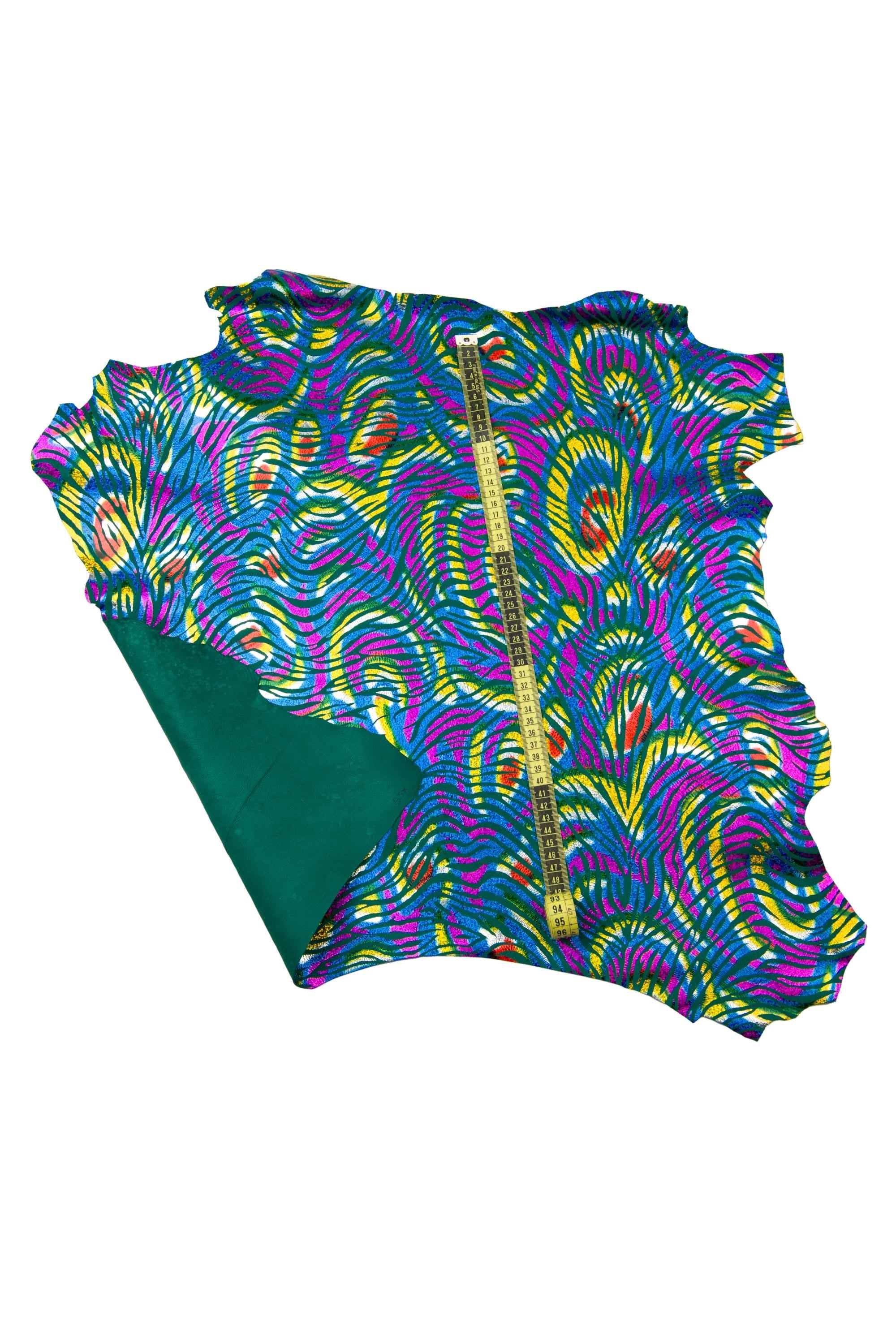 IRIDESCENT multicolor ZEBRA printed leather skin, colorful metallic animal print on green suede goatskin B18442-MT(st) La Garzarara