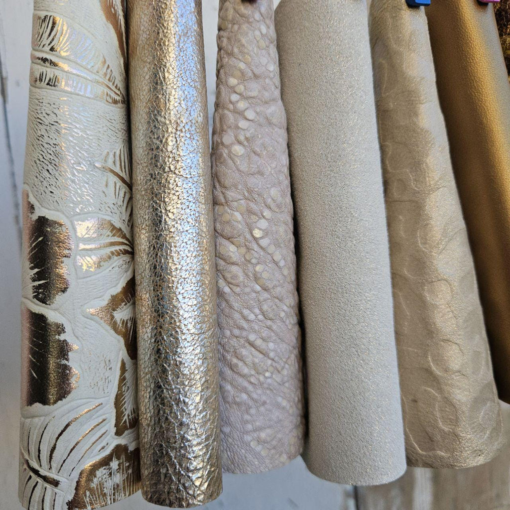 Selected Leather Scraps, Gold Champagne Beige and Cream Pieces, Metallic Prints Embossed Textures and Special Finishes 6x5" 15x12 cmRT347