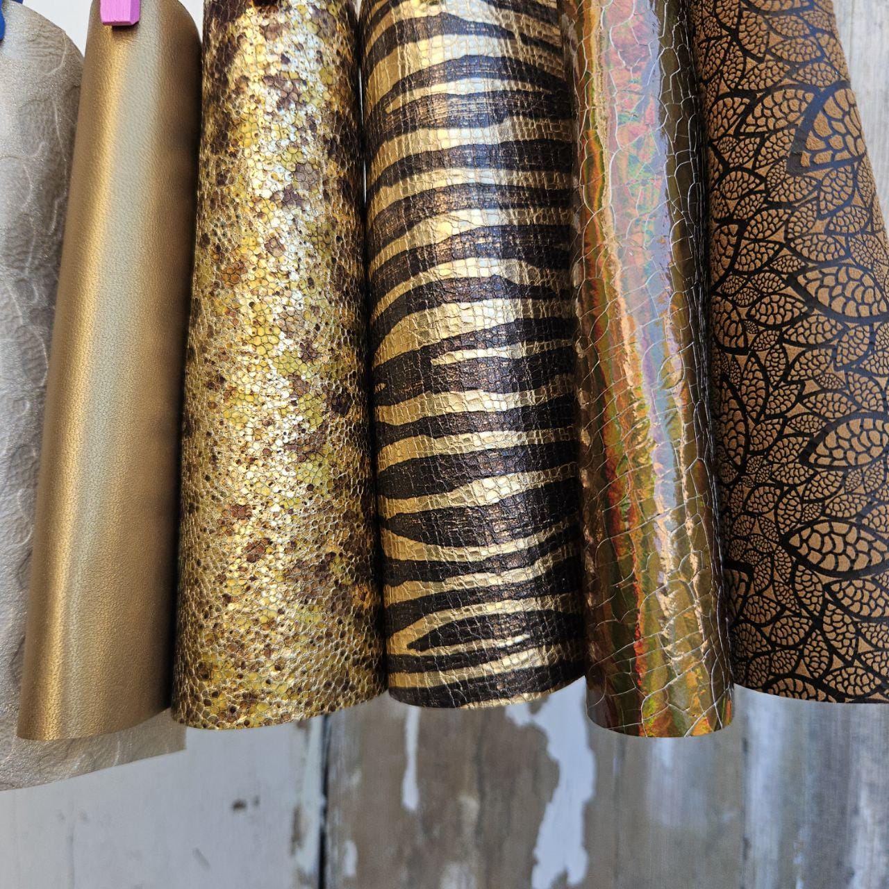 Selected Leather Scraps, Gold Champagne Beige and Cream Pieces, Metallic Prints Embossed Textures and Special Finishes 6x5" 15x12 cmRT347