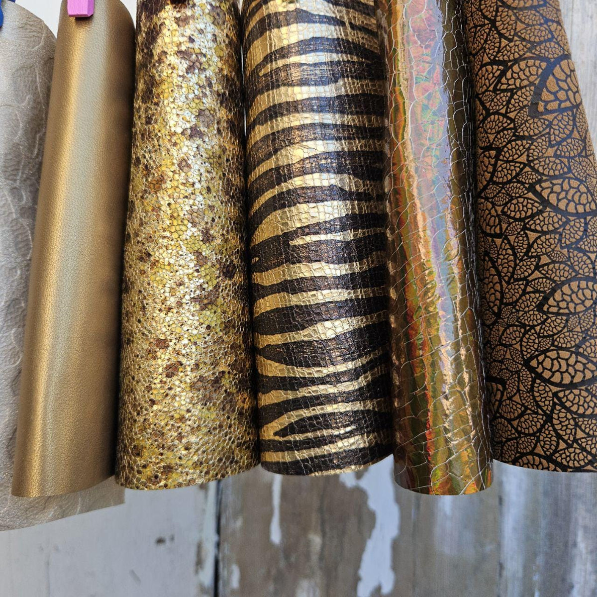 Selected Leather Scraps, Gold Champagne Beige and Cream Pieces, Metallic Prints Embossed Textures and Special Finishes 6x5" 15x12 cmRT347