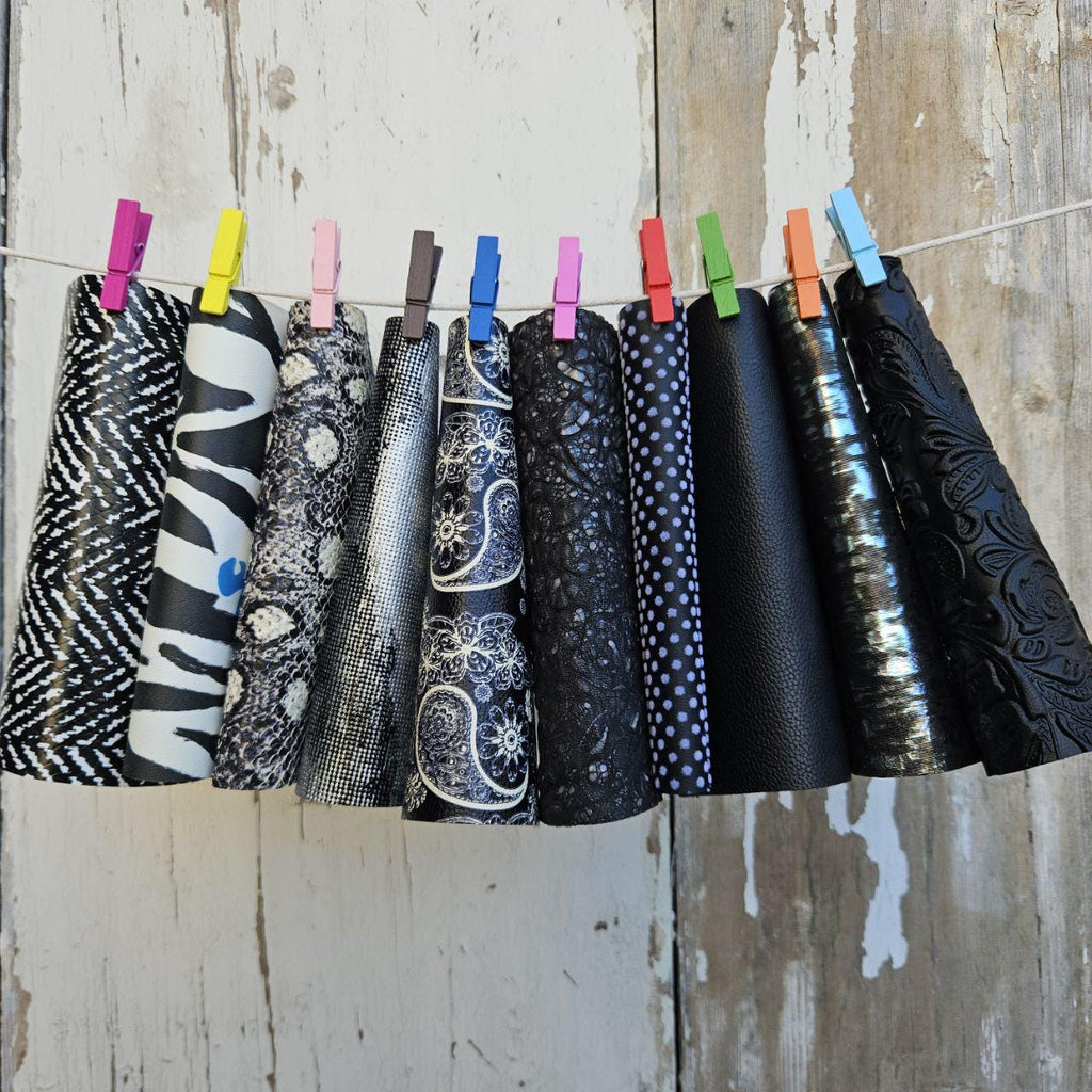 10 Black and White Leather Scraps, Patterned Leather Offcuts, Mixed Texture Pieces for Crafts6x5" / 15x12 cm RT348