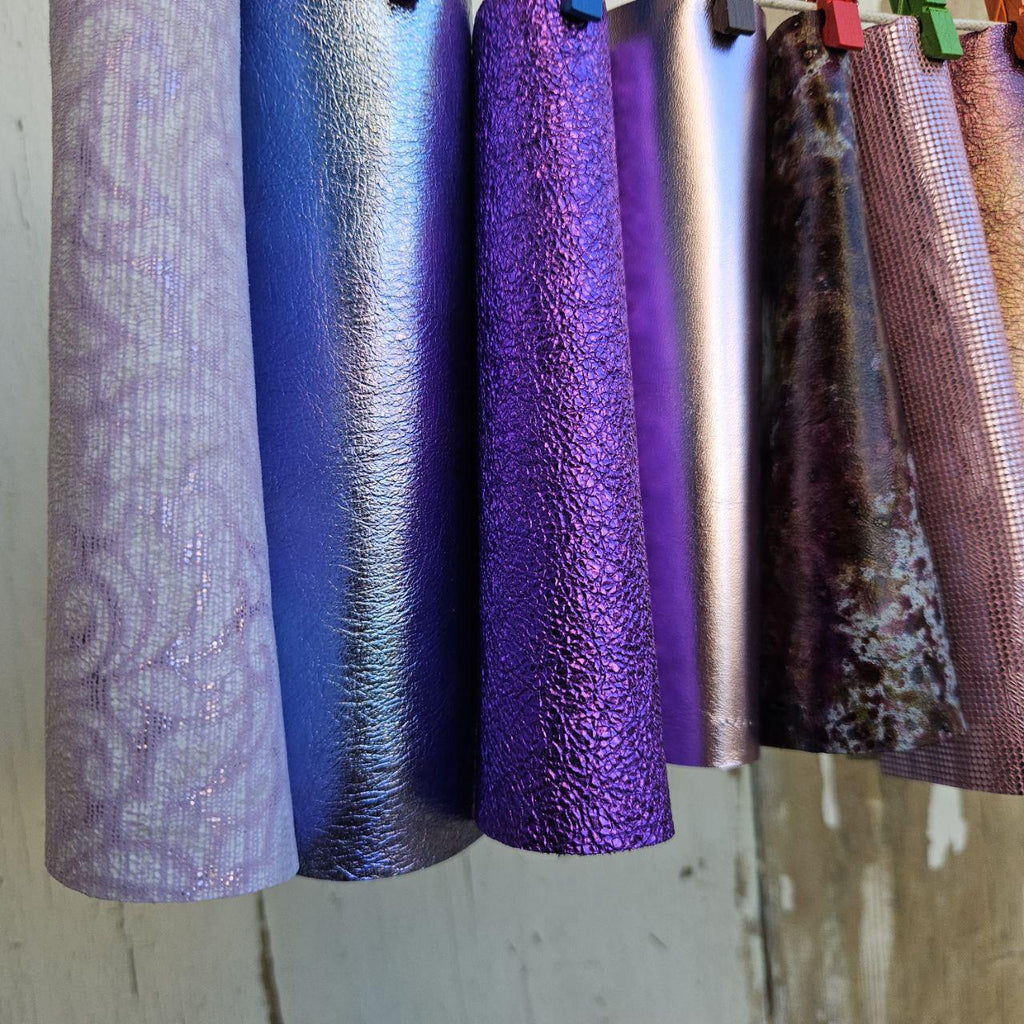 10 Shiny Leather Pieces, Metallic Purple Pink Leather Scraps, Textured Craft Leather Mix 6x5" / 15x12 cm RT350