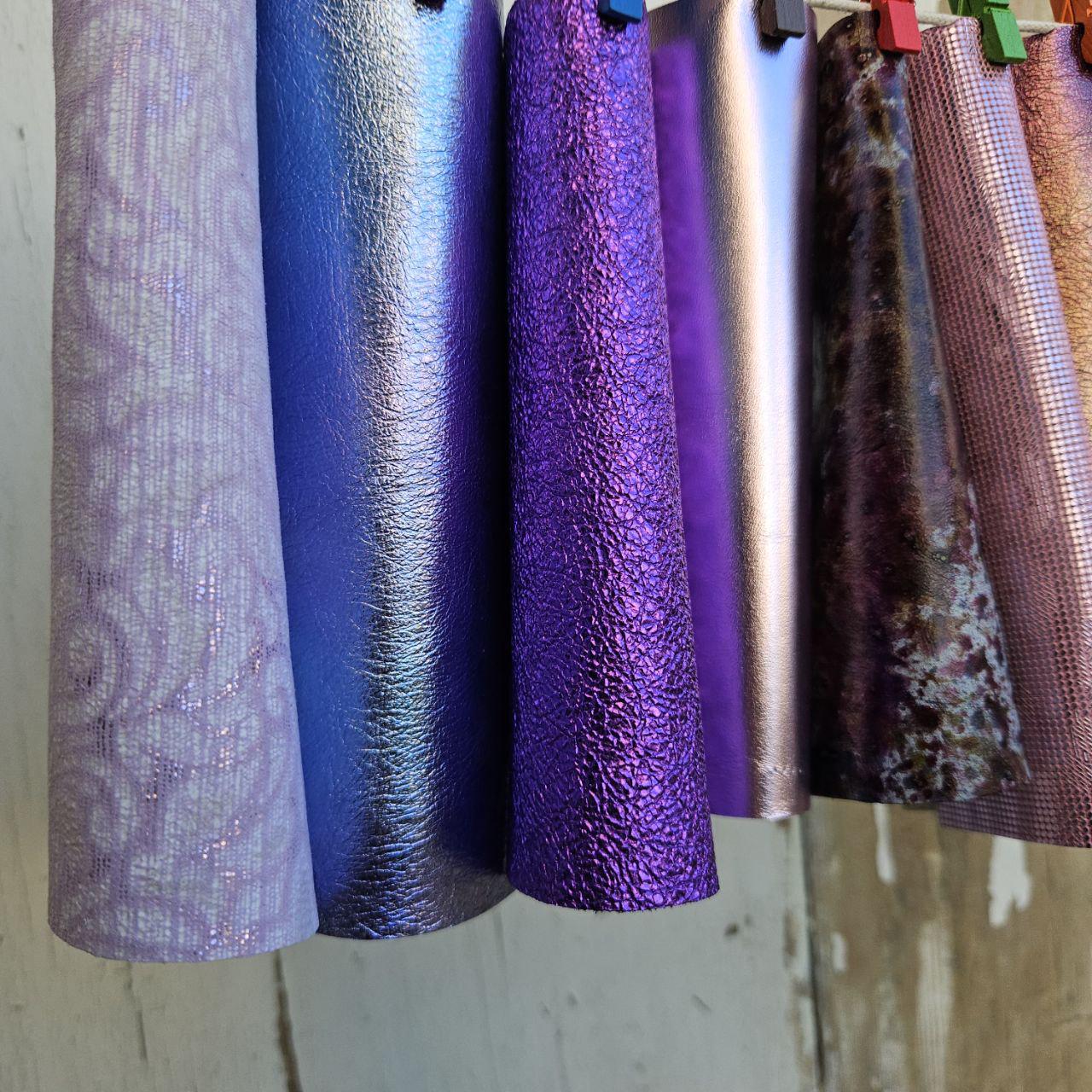 10 Shiny Leather Pieces, Metallic Purple Pink Leather Scraps, Textured Craft Leather Mix 6x5" / 15x12 cm RT350