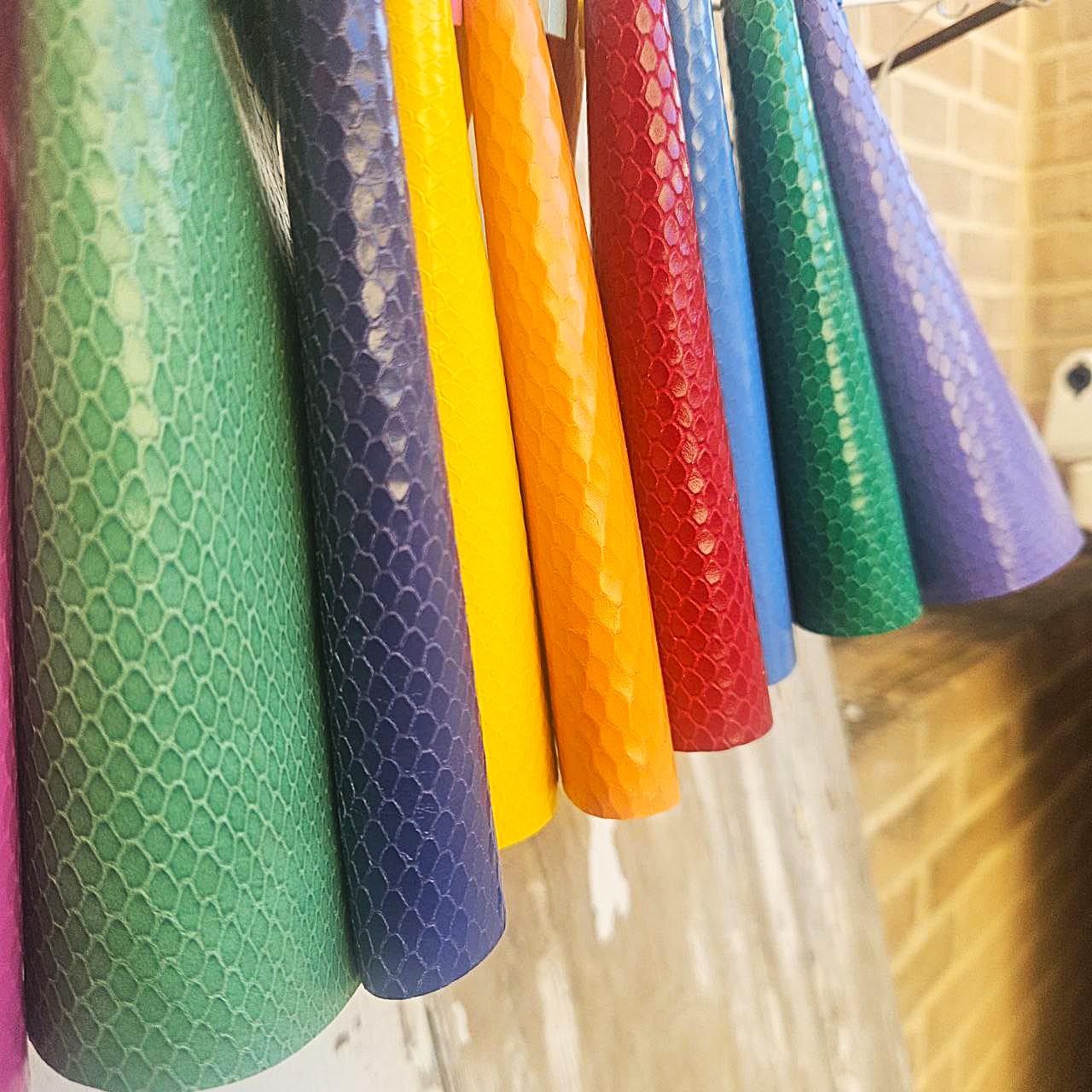 10 Colorful Printed Leather Scraps RANDOM selection, bright and solid colors, PYTHON printed leather scraps 6x5" / 15x12 cm RT351