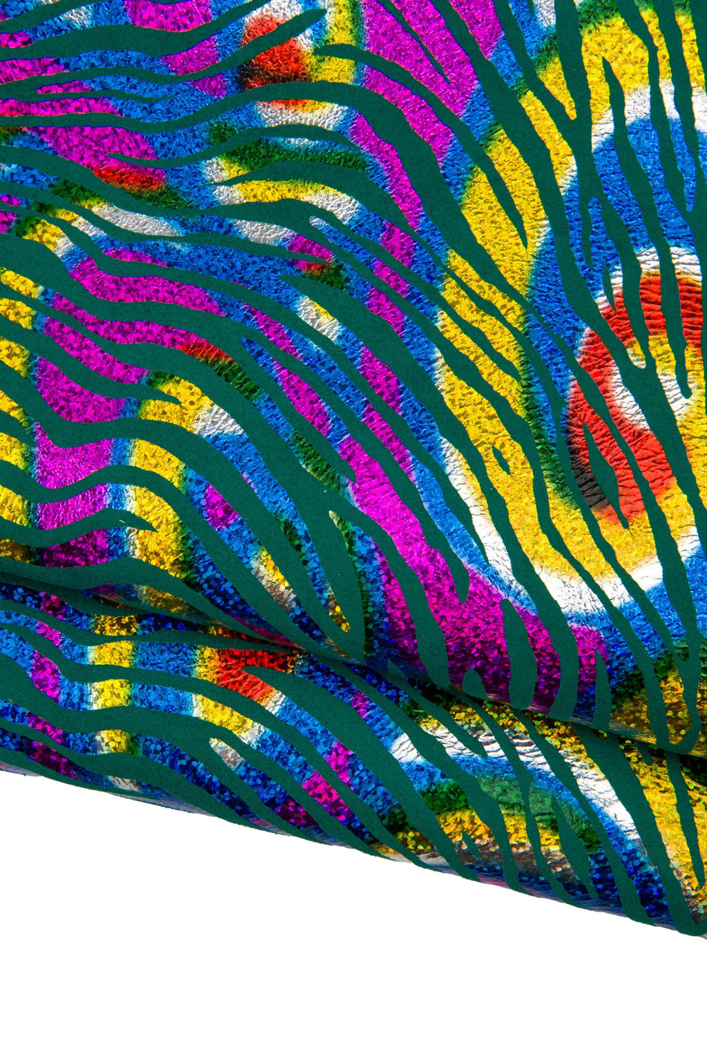 IRIDESCENT multicolor ZEBRA printed leather skin, colorful metallic animal print on green suede goatskin B18442-MT(st) La Garzarara
