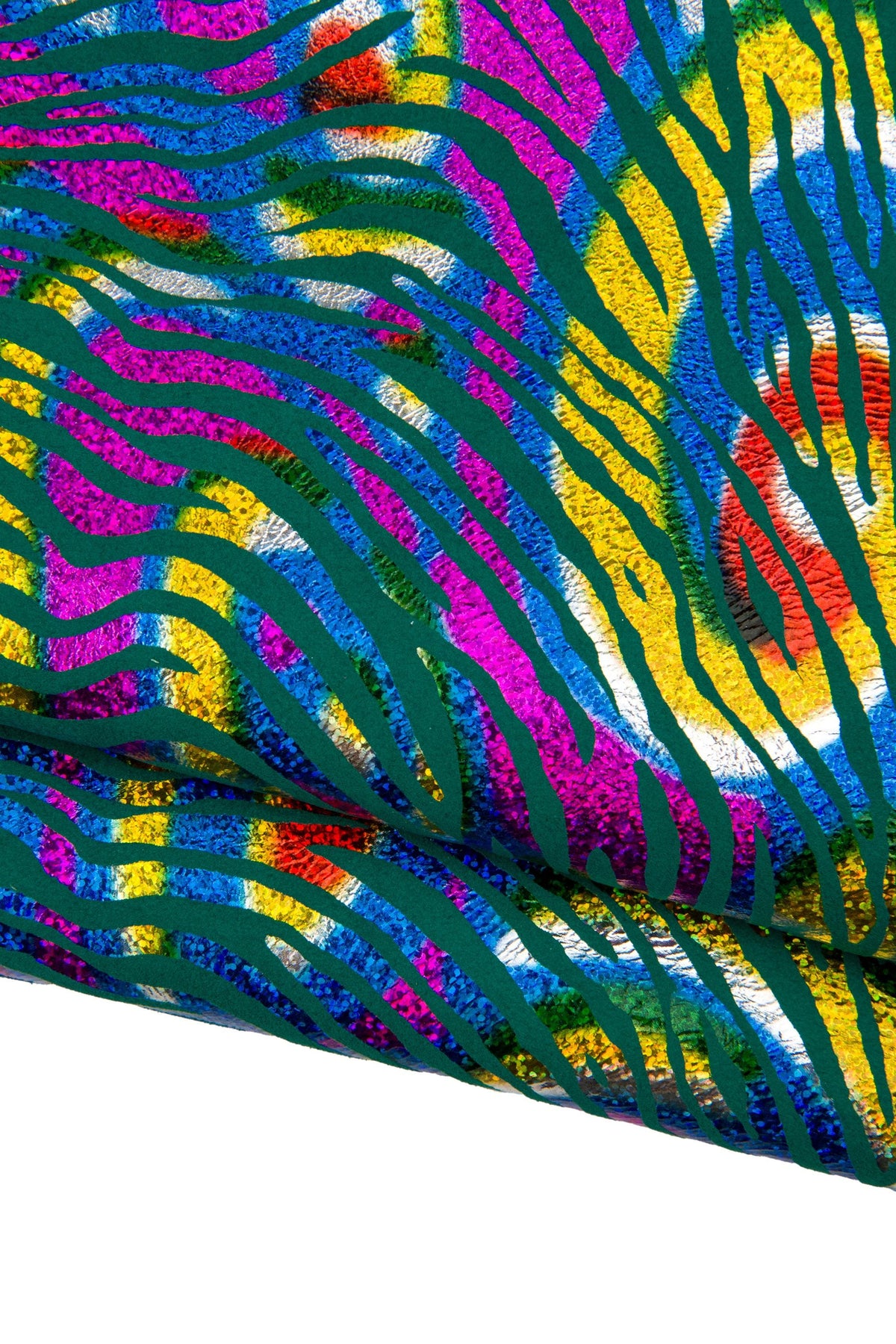 IRIDESCENT multicolor ZEBRA printed leather skin, colorful metallic animal print on green suede goatskin B18442-MT(st) La Garzarara