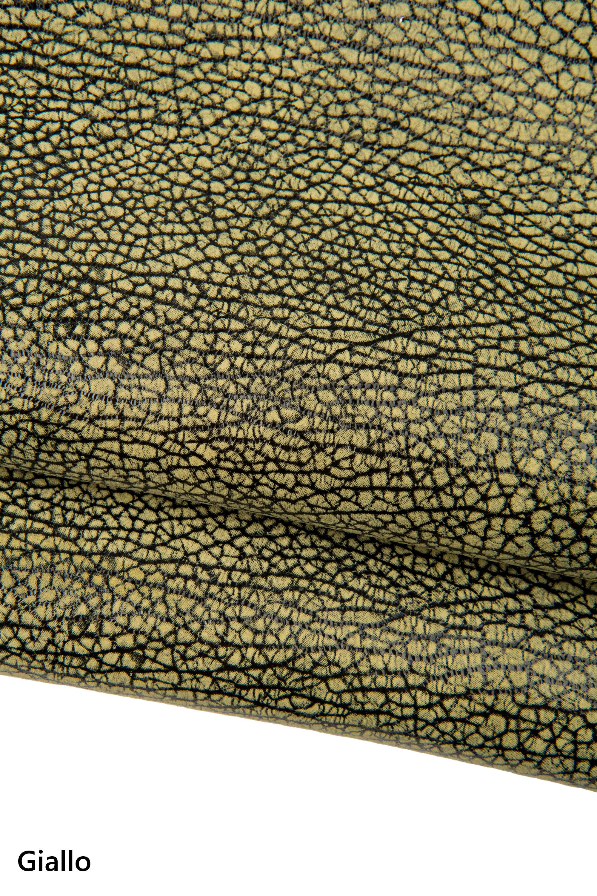 ELEPHANT printed leather skins, animal texture on SUEDE goatskins, green, yellow, burgundy metallic soft skins B18424-ST La Garzarara