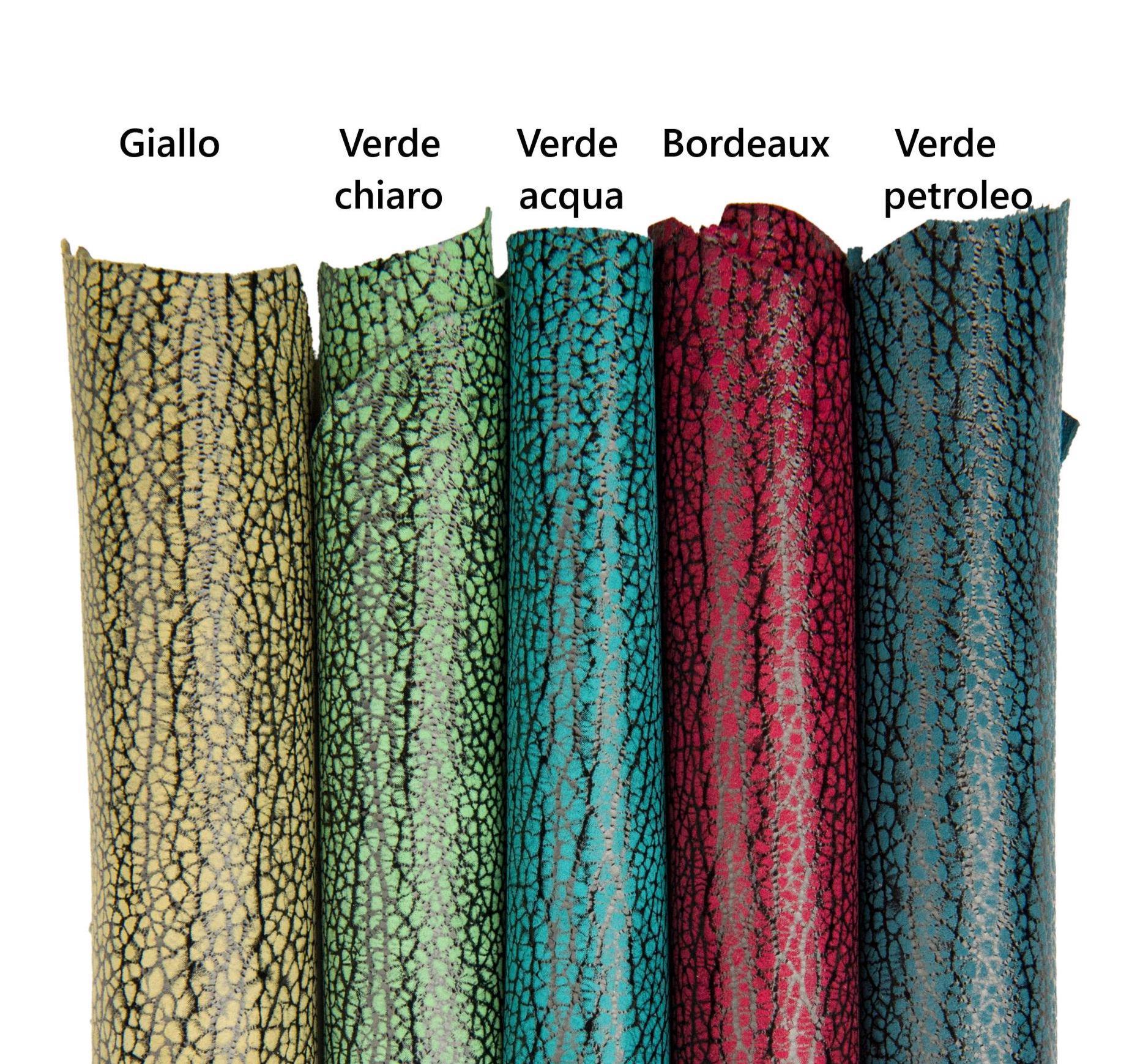ELEPHANT printed leather skins, animal texture on SUEDE goatskins, green, yellow, burgundy metallic soft skins B18424-ST La Garzarara