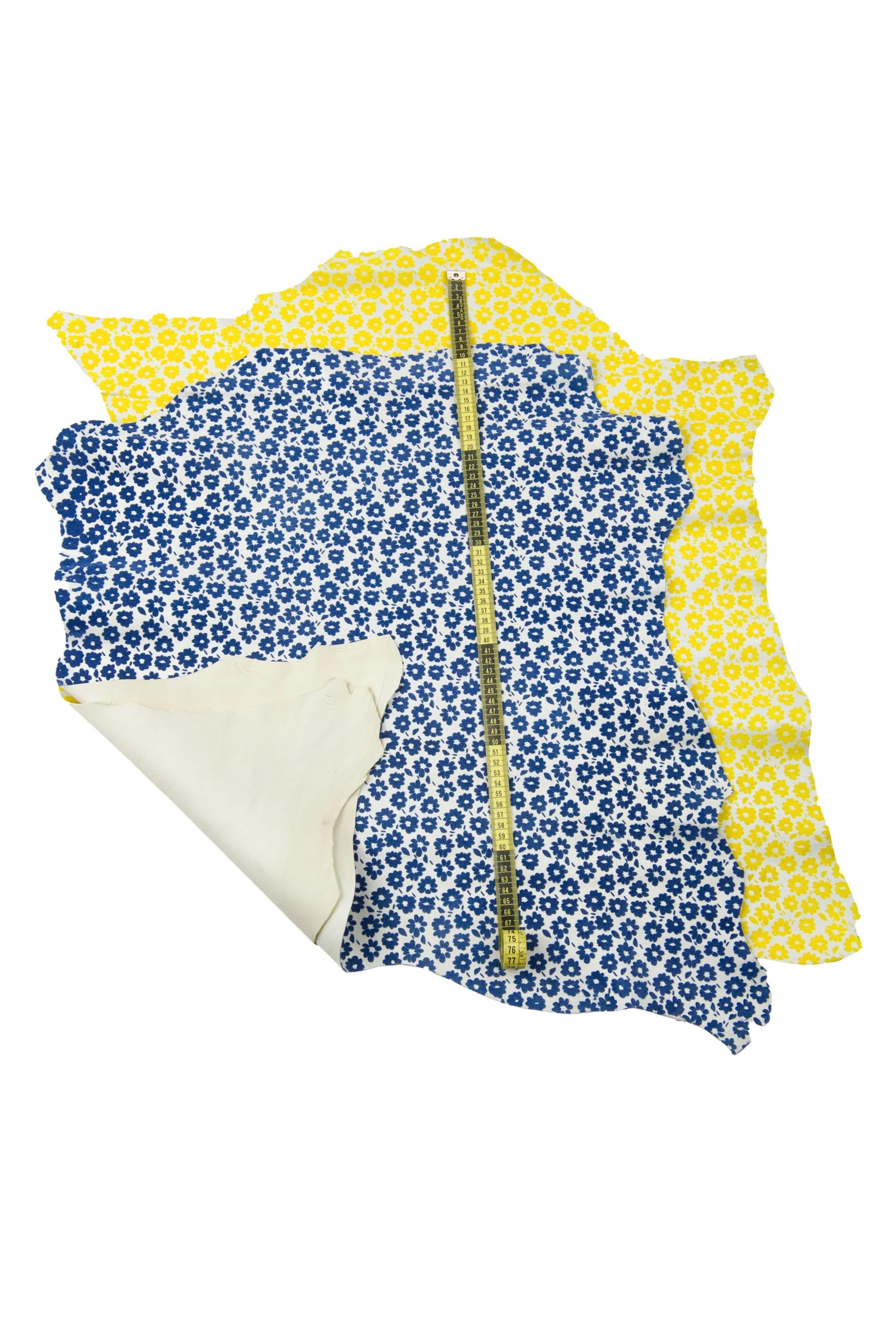 FLORAL textured leather skin, yellow - blue FLOCK print on white goatskin, original soft material for hobbyists B18518-ST La Garzarara
