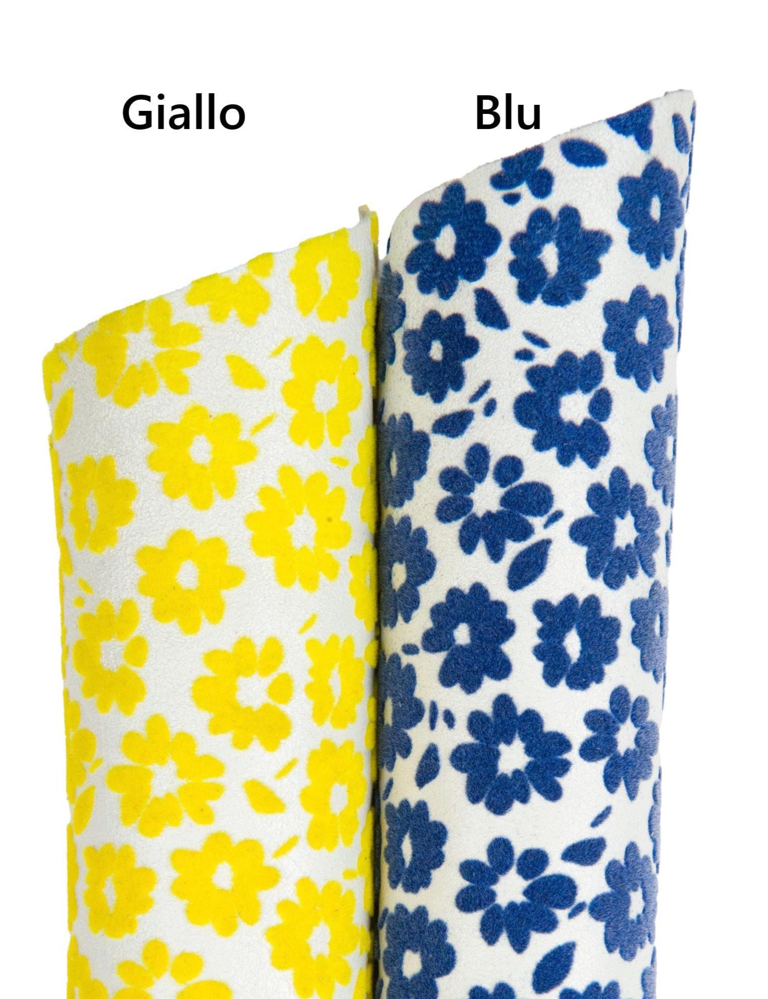FLORAL textured leather skin, yellow - blue FLOCK print on white goatskin, original soft material for hobbyists B18518-ST La Garzarara