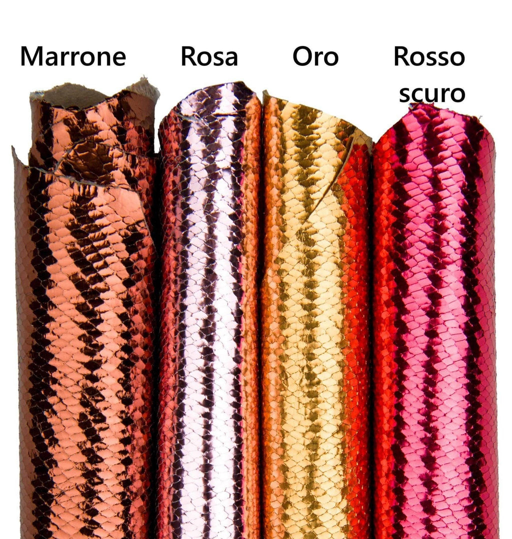 Mirror Snakeskin Leather Hide, Metallic Snake Print Skin, Iridescent Laminated pink, gold, dark red, brown reptile B18022-MT(st) LaGarzarara