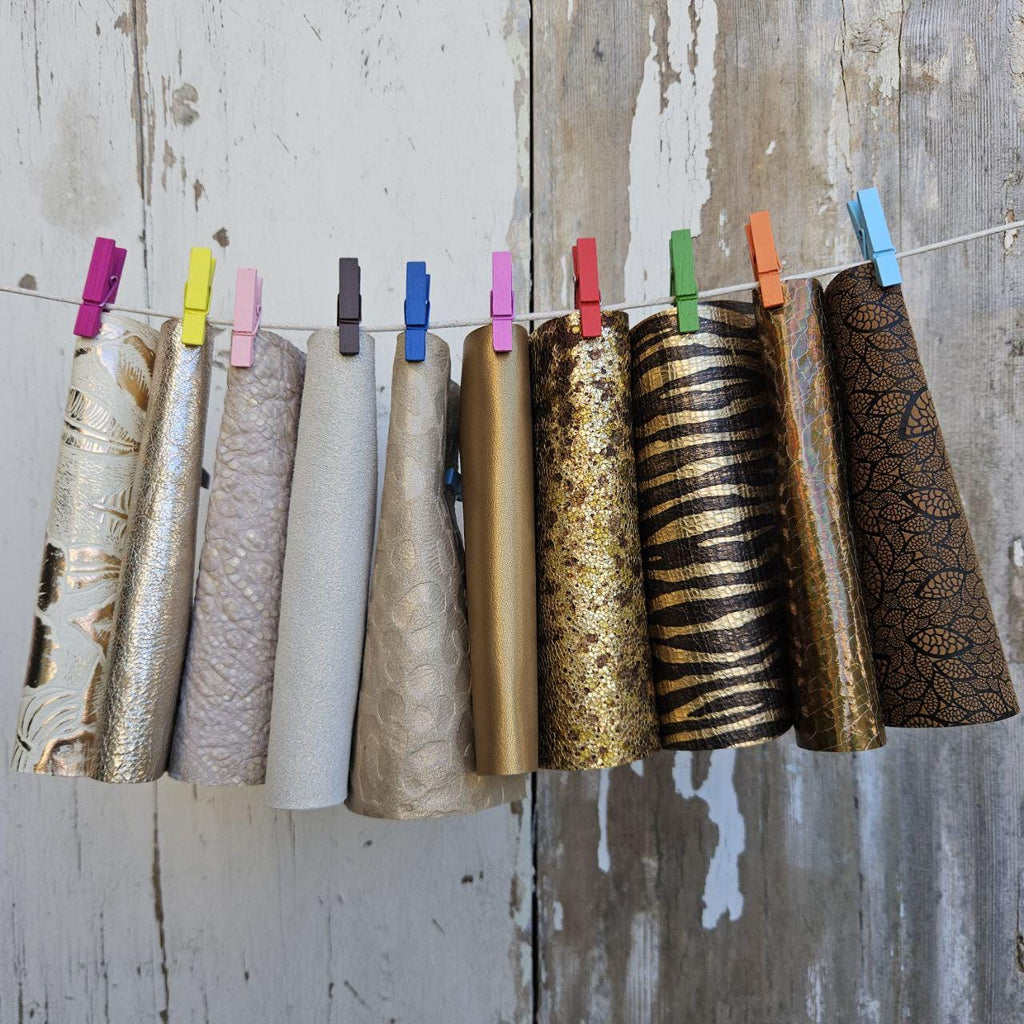 Selected Leather Scraps, Gold Champagne Beige and Cream Pieces, Metallic Prints Embossed Textures and Special Finishes 6x5" 15x12 cmRT347
