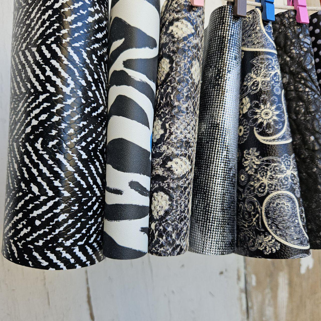 10 Black and White Leather Scraps, Patterned Leather Offcuts, Mixed Texture Pieces for Crafts6x5" / 15x12 cm RT348