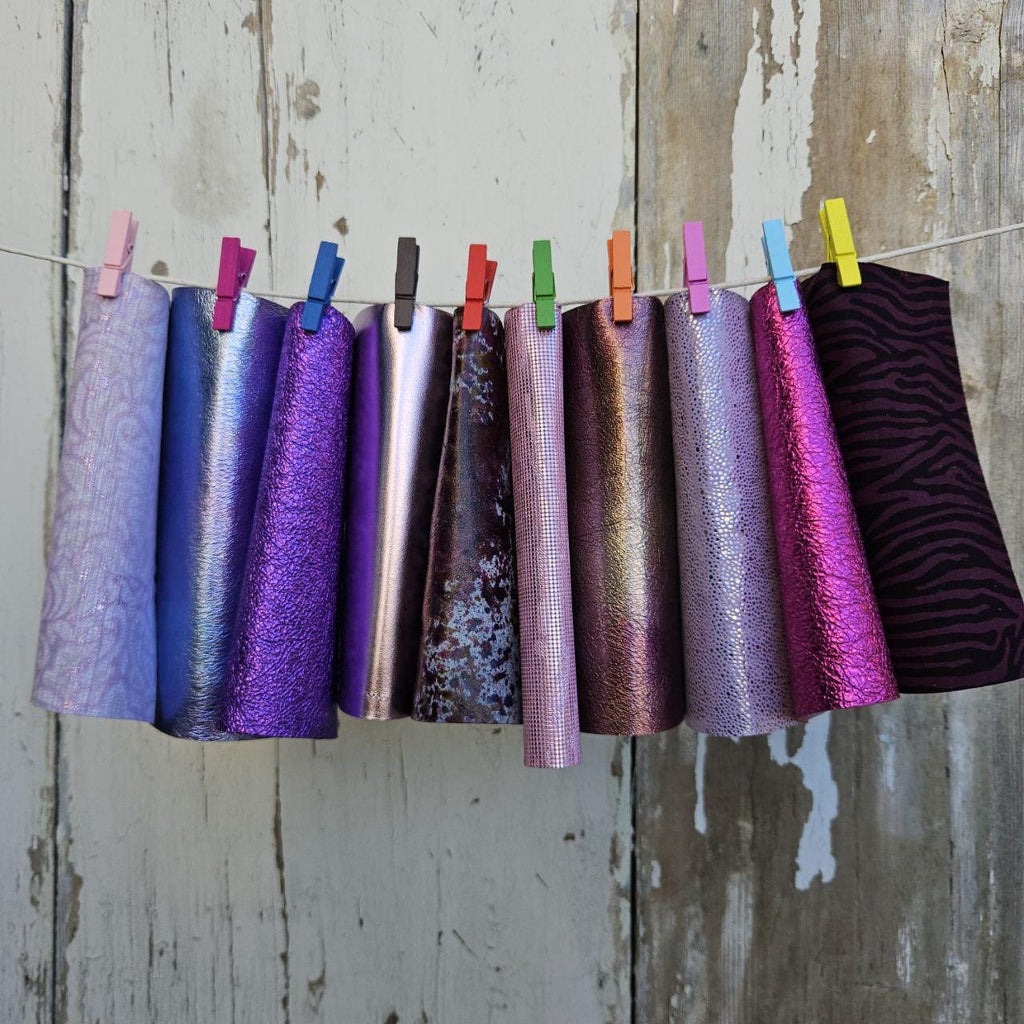 10 Shiny Leather Pieces, Metallic Purple Pink Leather Scraps, Textured Craft Leather Mix 6x5" / 15x12 cm RT350