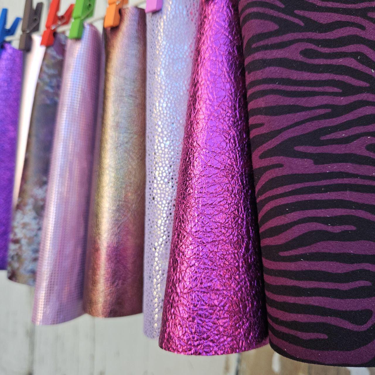 10 Shiny Leather Pieces, Metallic Purple Pink Leather Scraps, Textured Craft Leather Mix 6x5" / 15x12 cm RT350