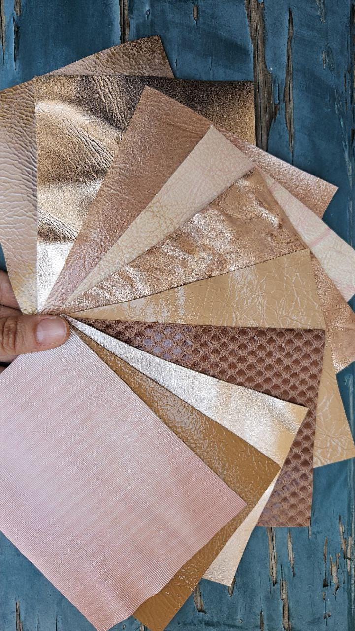 Champagne Leather Scraps, Beige Nude and Rose Gold Pieces, Metallic Textured Unique Offcuts for Bags and Jewelry 6x5” / 15x12 cm RT352