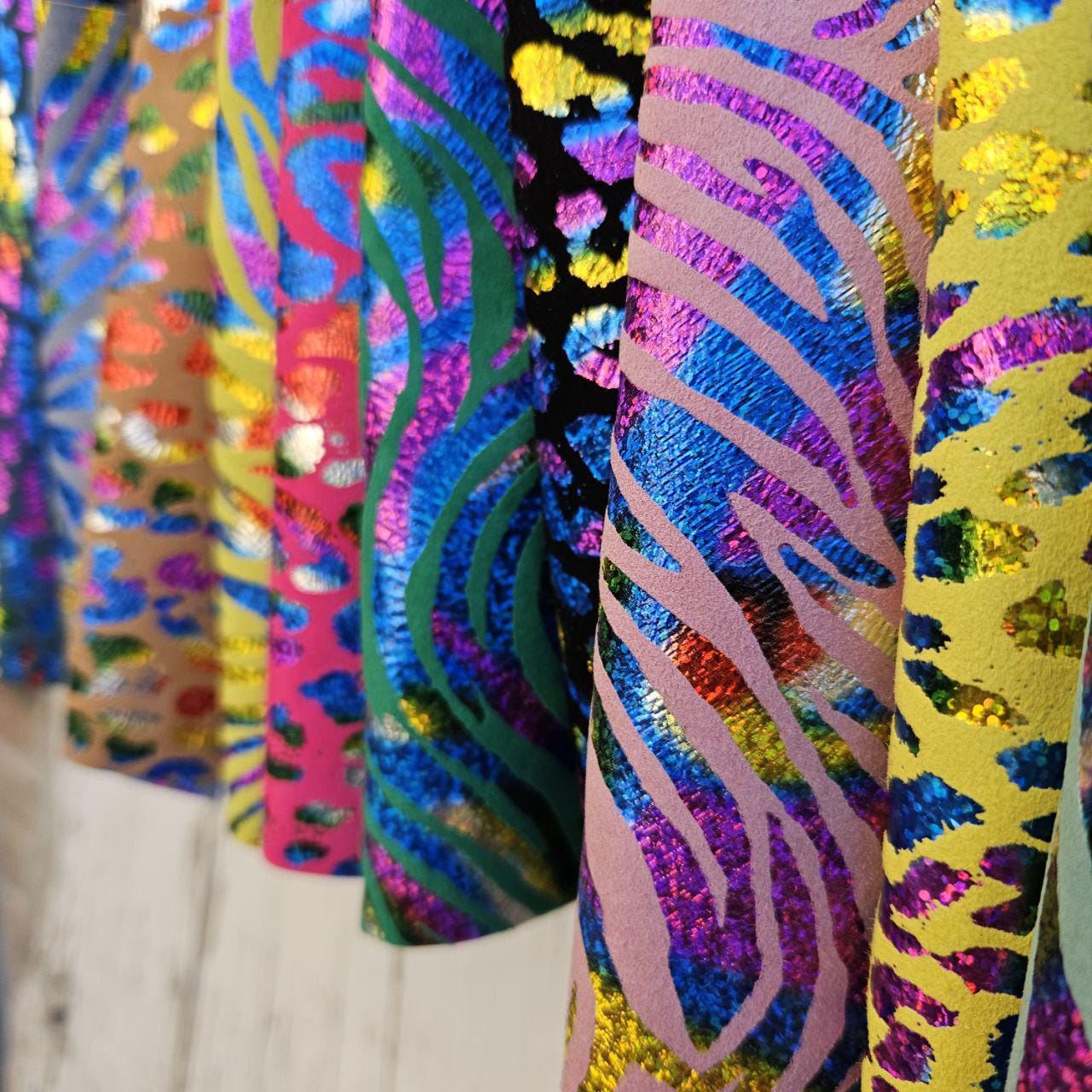 Rainbow Holographic Leather Scraps, Shimmer Metallic Offcuts, Colorful Animal Print Leather Pieces 6x5" / 15x12 cm RT222