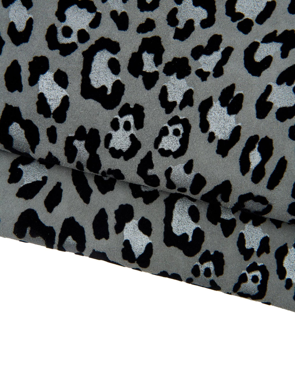Silver leopard print leather hide, metallic animal print leather skin, shiny black spotted suede leather B18212-ST La Garzarara