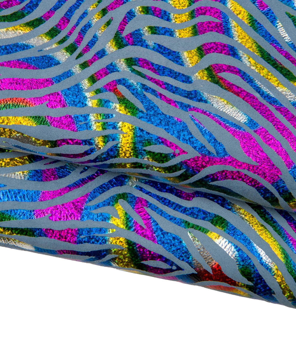 IRIDESCENT multicolor ZEBRA printed leather skin, colorful metallic animal print on grey suede goatskin B18444-MT(st) La Garzarara
