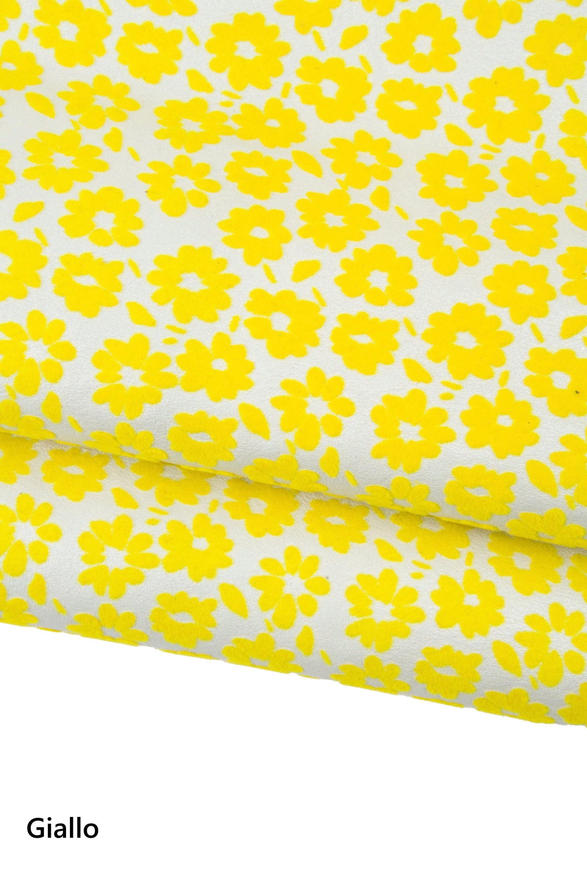 FLORAL textured leather skin, yellow - blue FLOCK print on white goatskin, original soft material for hobbyists B18518-ST La Garzarara
