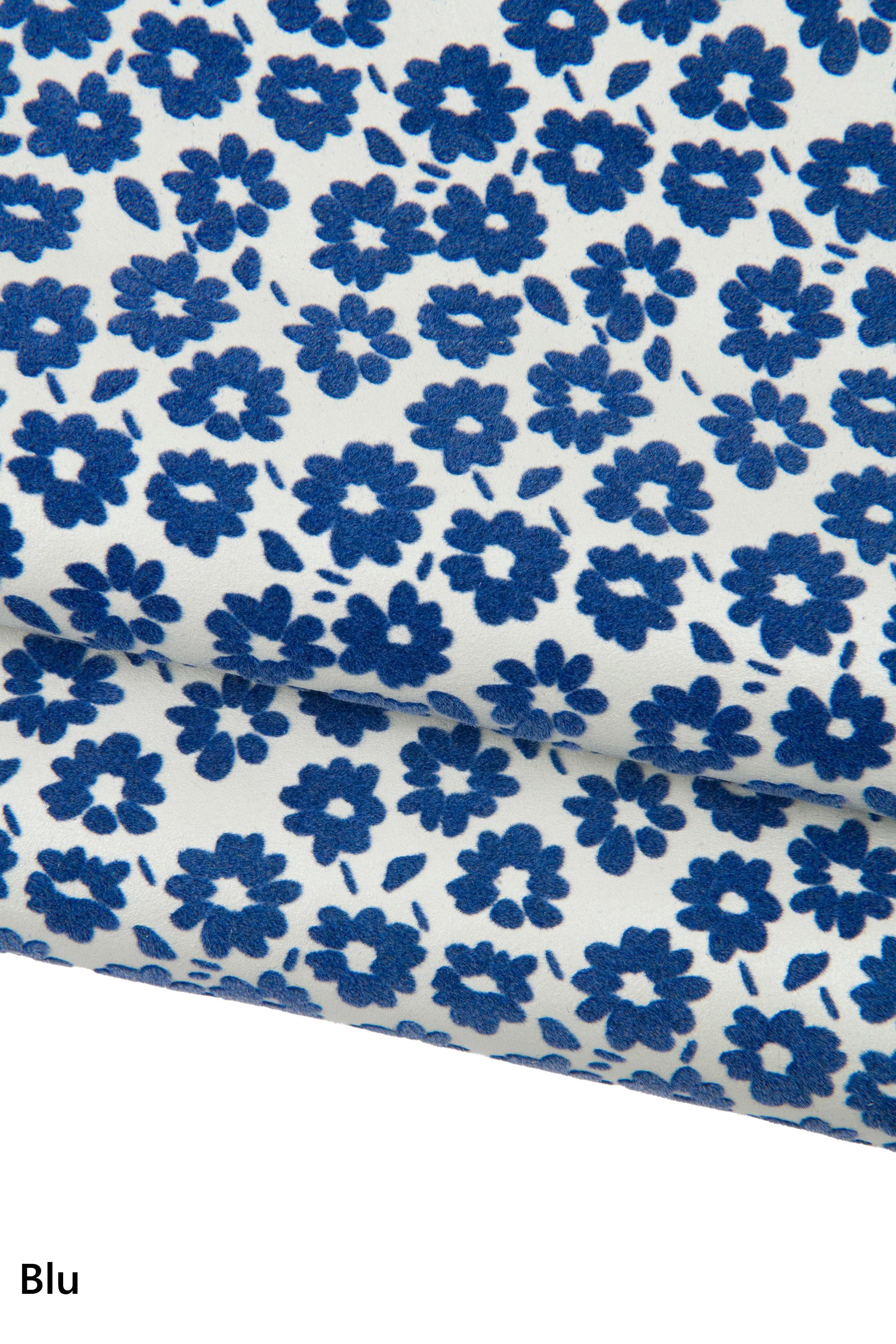 FLORAL textured leather skin, yellow - blue FLOCK print on white goatskin, original soft material for hobbyists B18518-ST La Garzarara