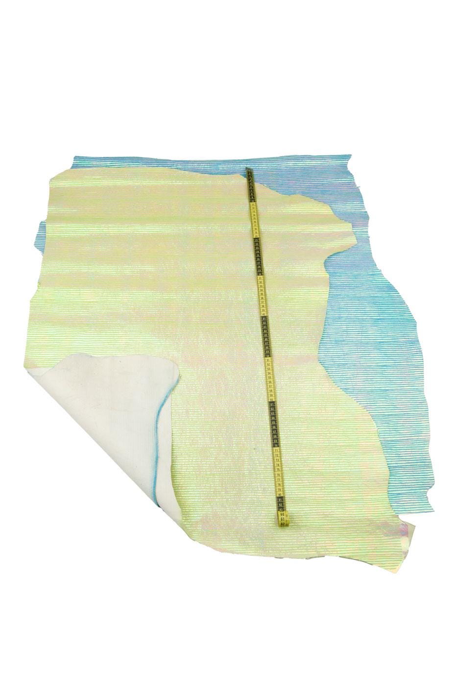 METALLIC STRIPED leather hide, light blue and green pattern on silver iridescent cowhide, bright soft calfskin B18547-MT(st) La Garzarara