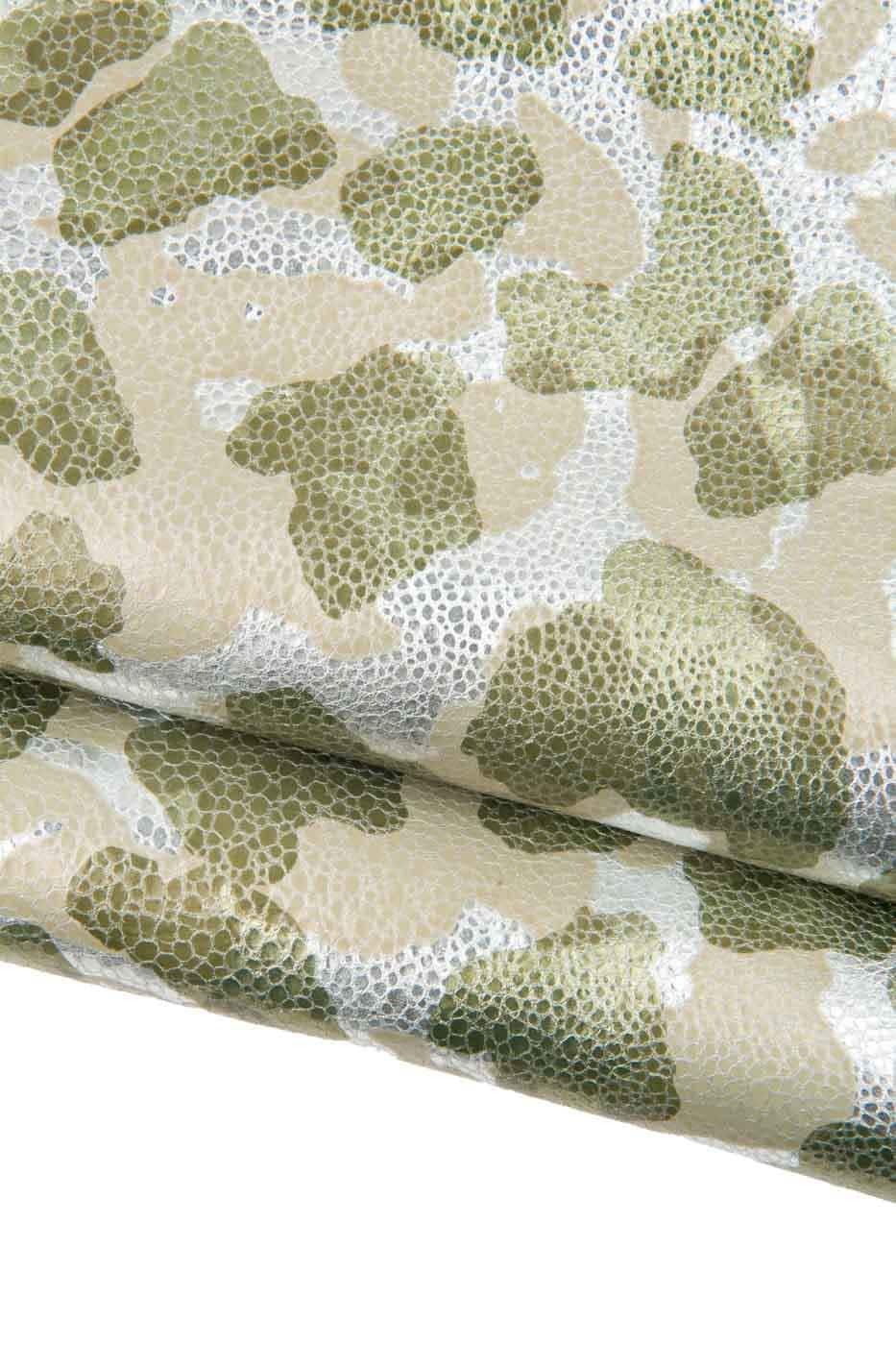 CAMOUFLAGE printed leather skin, silver, light gold, bronze metallic goatskin, MIMETIC textured hide for crafting B18622-MT(st) La Garzarara