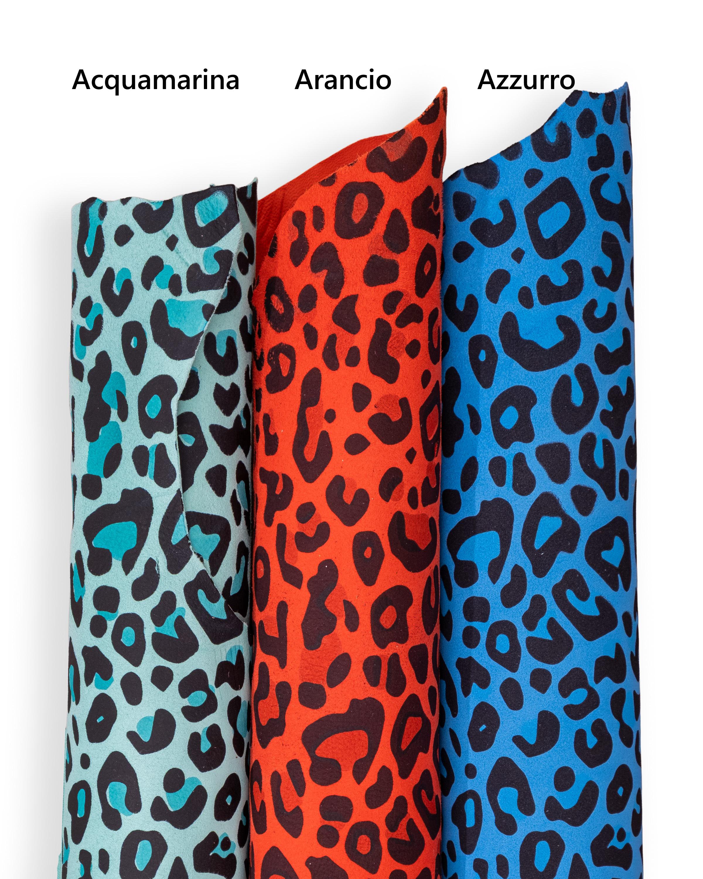 Vivid LEOPARD leather skin, animal print bright SUEDE goatskin, cheetah pattern on suede aquamarine - orange - skyblue B18685-ST LaGarzarara