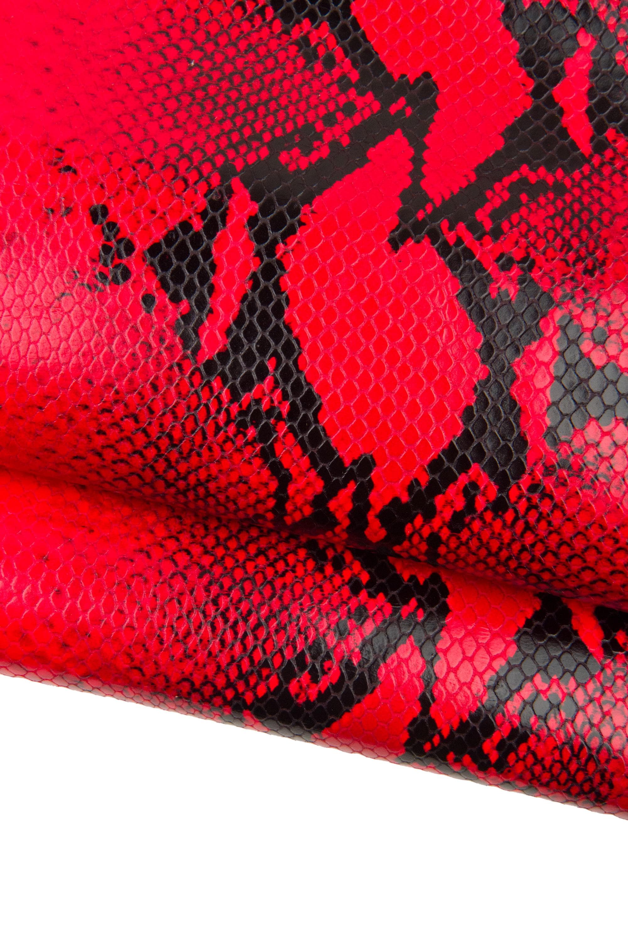 Red black python embossed leather hide, glossy reptile print snake skin for bags bold fashion B18609-ST La Garzarara