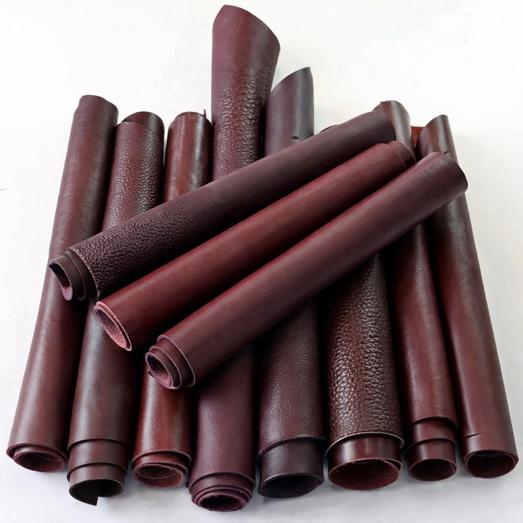 Burgundy Leather calf PIECES, solid and grained random assortment, dark red tone remnants, 1.0-1.2mm (3-4oz) 1 kg (2 lbs) 2 kg(4 lbs) B113