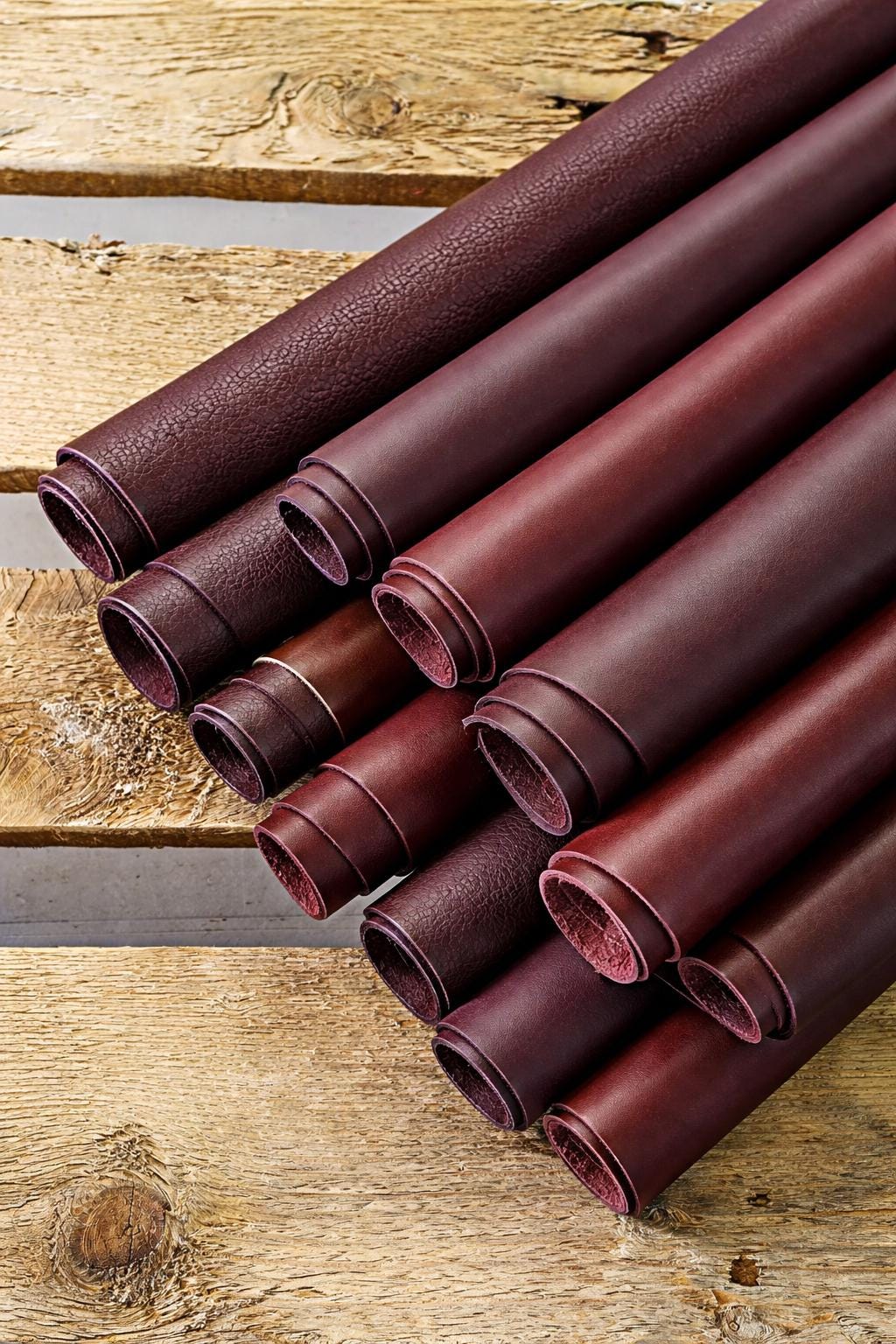 Burgundy Leather calf PIECES, solid and grained random assortment, dark red tone remnants, 1.0-1.2mm (3-4oz) 1 kg (2 lbs) 2 kg(4 lbs) B113
