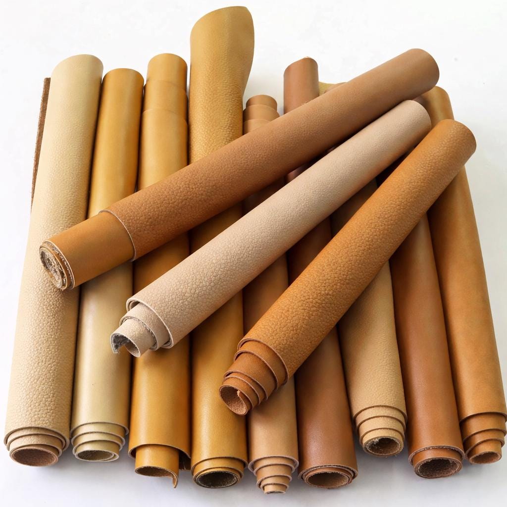 Tan Leather PIECES, solid and pebbled colors, random assortment solid Cognac pieces, 1.0-1.2mm (3-4oz) (2 lbs) - (4 lbs) B111