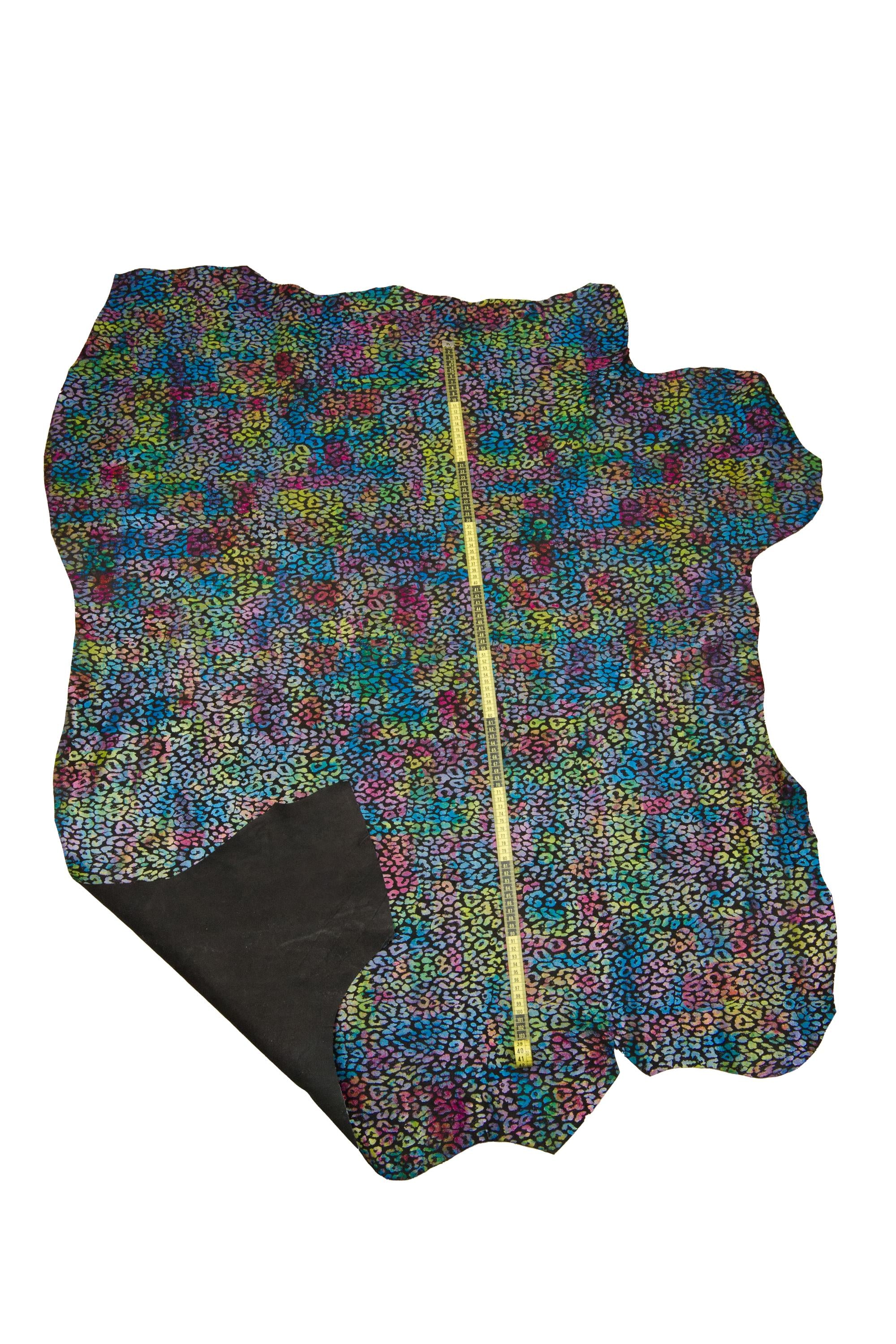 MULTICOLOR leopard texture on black basis, calfskin, colorful CHEETAH printed skin for diy projects B18592-ST La Garzarara