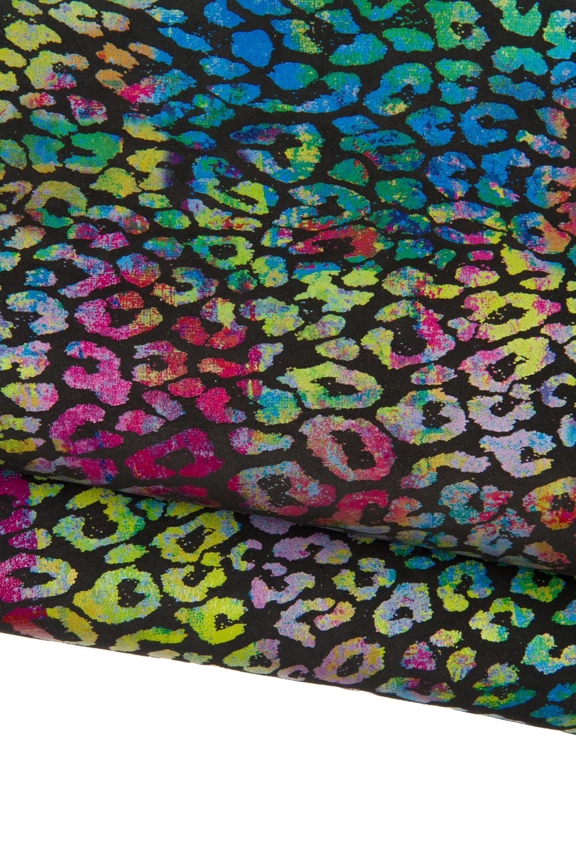 MULTICOLOR leopard texture on black basis, calfskin, colorful CHEETAH printed skin for diy projects B18592-ST La Garzarara