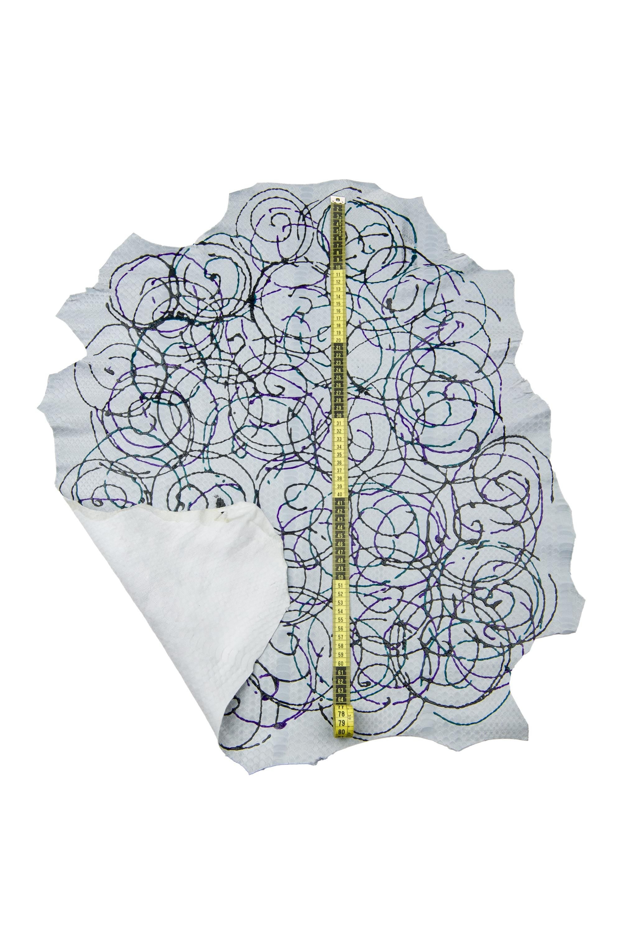 White Graphic Leather Python Hide, Abstract Brushstroke Painted Reptile, B18403-DM La Garzarara