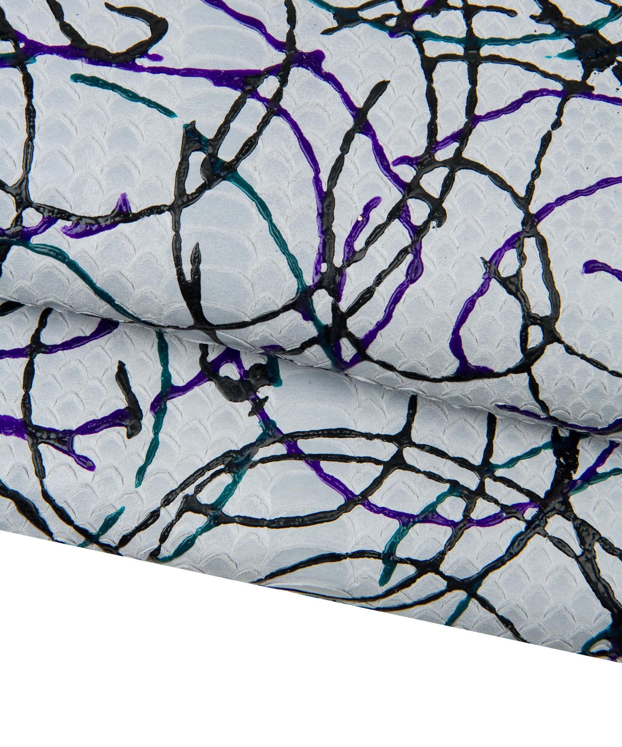 White Graphic Leather Python Hide, Abstract Brushstroke Painted Reptile, B18403-DM La Garzarara