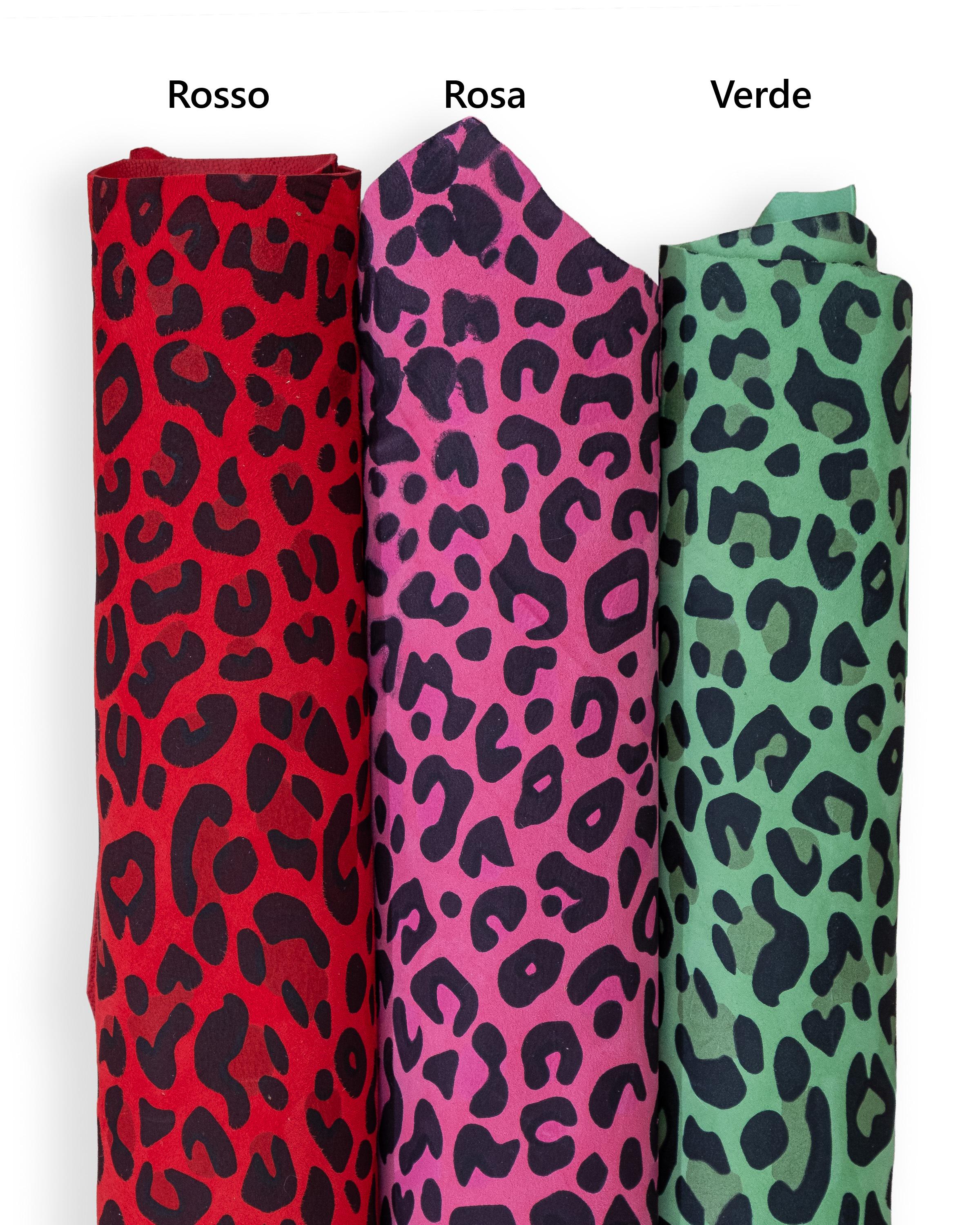 Colorful LEOPARD leather skin, animal print SUEDE goatskin, multicolor cheetah pattern on red - pink - green soft skin B18684-ST LaGarzarara