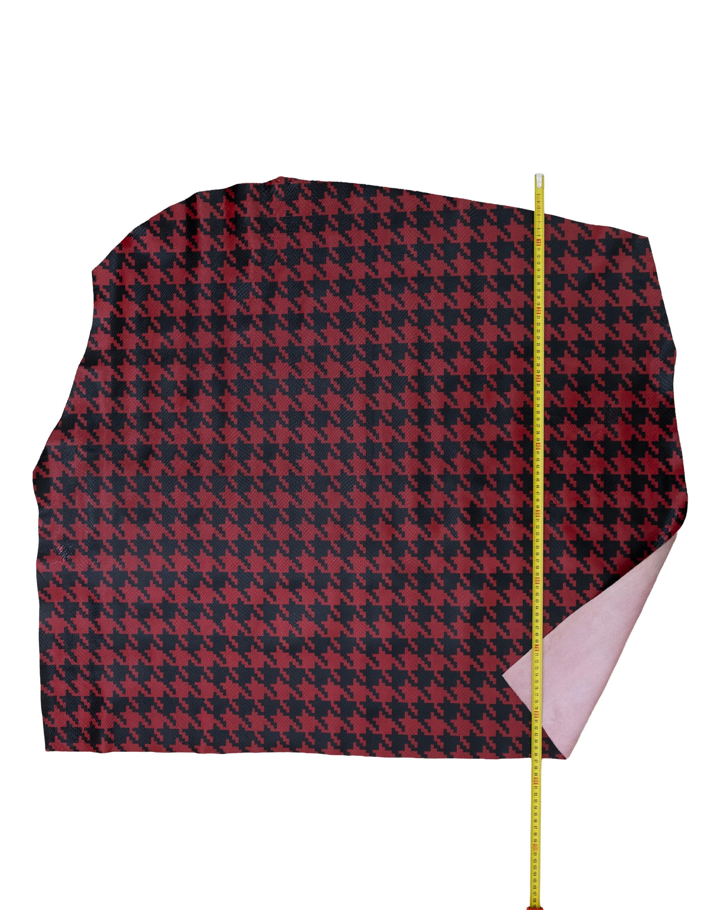PIES de POULE printed leather hide, red -black pattern on soft reptile calfskin, glossy cowhide for hobbyists B18737-ST La Garzarara