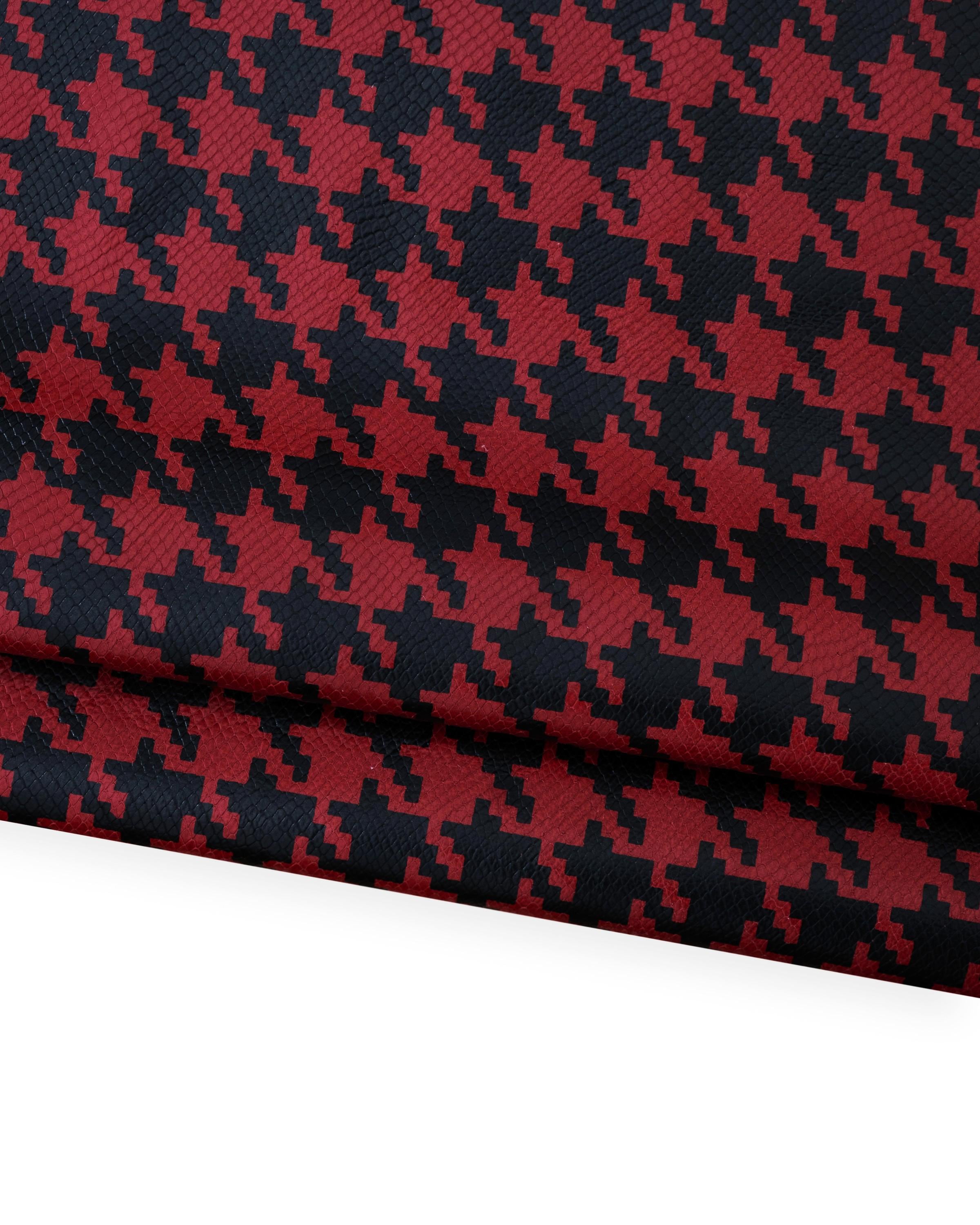 PIES de POULE printed leather hide, red -black pattern on soft reptile calfskin, glossy cowhide for hobbyists B18737-ST La Garzarara